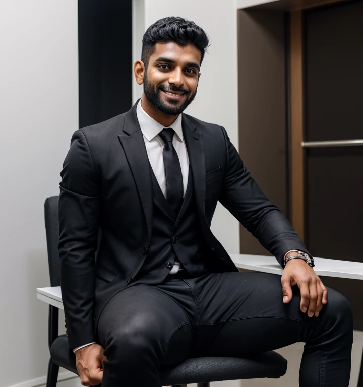 33 year old attractive man, One Man,、 muscular、Sri Lankan man。 black suit ,black suit、 black skinny jeans 、short hair 、office for 1 day、 sitting next to a、 black suit、black suit、 black skinny jeans 、 lifts his upper body to highlight his expression ハンサムなSri Lankan man Man in front stubble smirking
