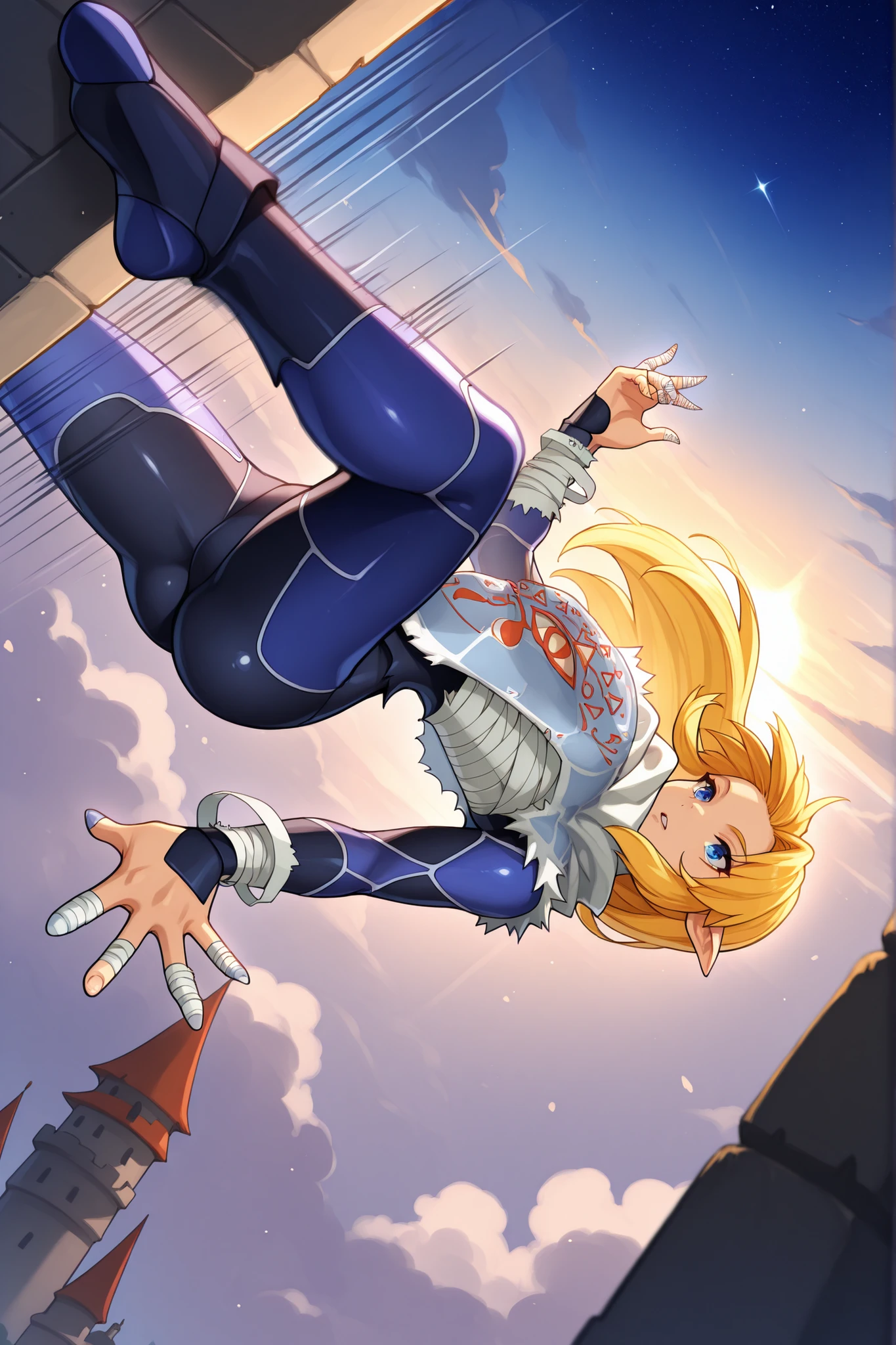 score_9, score_8_up, score_7_up, source_anime, prefect lighting, very aesthetic, intricate details, highly detailed background, masterpiece, high quality, perfect hands, best quality, high res, 4k, 1girl, solo, ootshk, blonde hair, long hair, sidelocks, blue eyes, pointy ears, medium breasts, chest sarashi, sarashi under tabard, sarashi over bodysuit, slender female, curvy body, impressive physique, bandages, bandaged arms, dark blue undershirt, dark blue bodysuit, white tabard, dark blue ninja tabi, glossy bodysuit, skin tight, nsfw, sexy, absolutely eye-catching, beautiful body, beautiful legs, shiny thighs, upper body, extremely detailed face, perfect lighting, extremely detailed CG, amazing quality, very aesthetic, absurdres, newest, highres, detailed eyes, hd eyes, perfect eyes, detailed face, beautiful face, detailed eyes, beautiful eyes, scenery, beautiful starry sky, clouds, midnight, hyrule castle town, towers, battlements, shiny hair, beautiful reflective eyes, longing gaze, action pose, extreme angle, full body shot, perfect ass, flat chest, shiny bodysuit, foreshadowing, motion lines, speed lines, motion blur, white short scarf around neck, foreshortening, in motion, parted lips, dynamic pose, hair fluttering in the wind, partially open mouth, leaning against a wall, juicy ass, upside down
