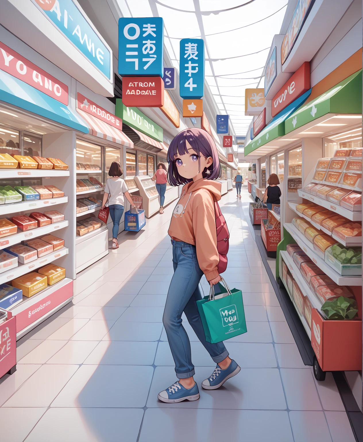 (((one   girl with annoyed face is reading a magazine))),  girl  with large  and  and  and thigh and short black hair and and blue eye and headband and pink lipstick and wristwatch is in convenience store, crowd of random men wearing shirts and pants in the background,