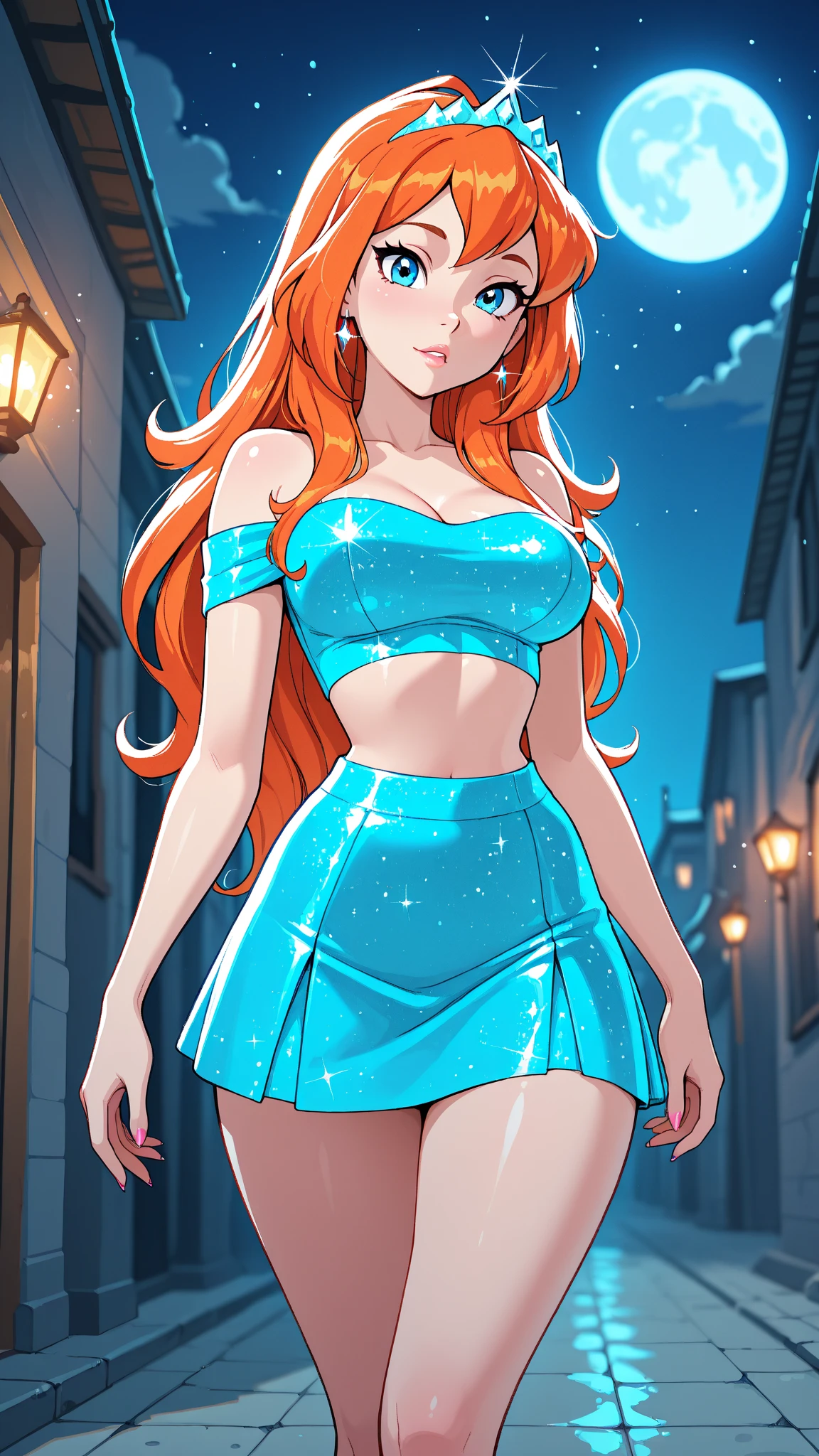 masterpiece,best quality, highly detailed, score_9, score_8_up, score_7_up, score_6_up,source_cartoon,
BREAK, 1girl, bloom, red hair, midriff, glitter, short skirt, nightclub, l