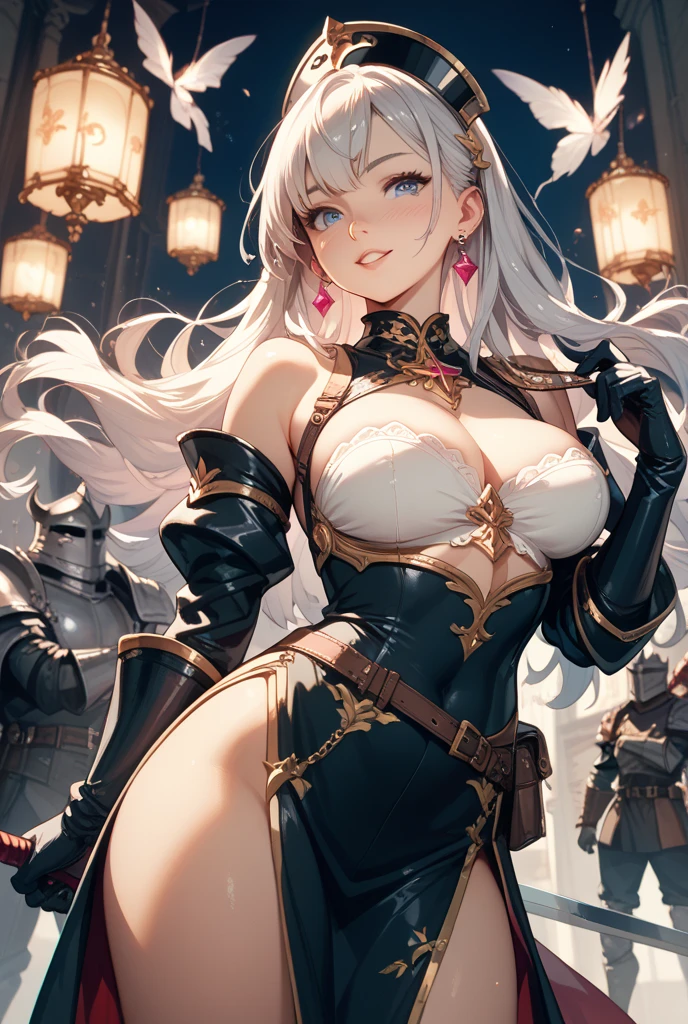 Walking、Facing forward、looking at the camera、Silver hair ponytail、female knight、((White metallic :1.5)、White garter belt、(Silver Armor:1.5)、(Silver boots)、White Cape)、((:1.5)、Cleavage、(Underboob:1.5)、(Sideboob:1.5)、(glamorous)、Belly button、Glowing  Tattoo、、Absolute area、Wide 、Thick thighs、Revealing outfit、(:1.5))、(whole body:1.5)、Photographed from the front、Church stained glass、

