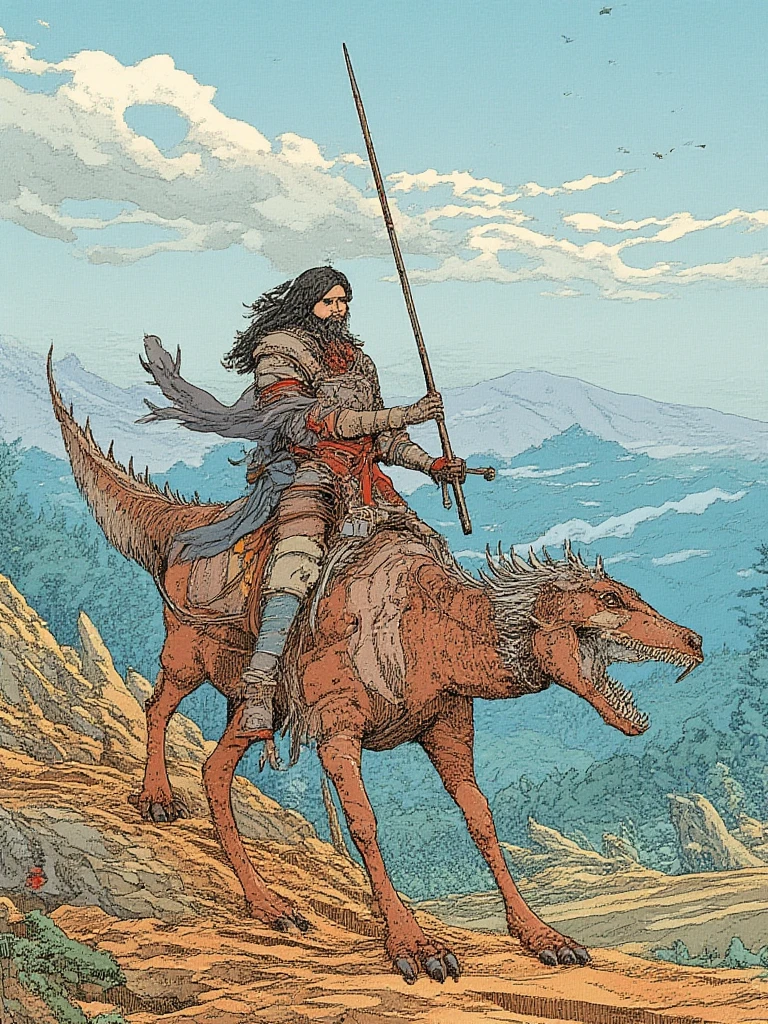 A multi-colored woodblock print. Designed by Kilian Eng. Flat art illustration. Highly aesthetic, highly detailed, two-dimensional, anatomically accurate, off-center composition, low-angle view.
A handsome knight in armor is riding a bipedal dragon resembling a harnessed Velociraptor. With long hair and a sharp gaze, he holds a long spear and the dragon's reins, glaring silently but menacingly at the viewer. Reminiscent of medieval fantasy, the knight carries a sword at his waist and wears a long, flowing hooded cape.
Exuding a powerful presence, he stands along a rugged path.
Copperplate Print. Designed by Cool Japan Style. Flat art illustration. Highly aesthetic, highly detailed, two-dimensional, anatomically accurate, off-center composition, low-angle view.
A handsome knight in armor is riding a bipedal dragon resembling a harnessed Velociraptor. With long hair and a sharp gaze, he holds a long spear and the dragon's reins, glaring silently but menacingly at the viewer. Reminiscent of medieval fantasy, the knight carries a sword at his waist and wears a long, flowing hooded cape.
Exuding a powerful presence, he stands along a rugged path.
The dragon he was riding on was slim, but looked very agile and dynamic. In addition to horse tack, it was also equipped with protective gear.
This work depicts rolling hills and rocks in the background, with clouds, flying birds, and forests in the distance. The detailed yet exquisite color combination vividly expresses the sense of perspective.
The knight's face is beautiful, exuding a charm that will capture the hearts of modern people.
This is a masterpiece of the highest quality, with a high level of aesthetic sense and anatomical accuracy, beautifully depicting limbs, the natural human body, otherworldly wildernesses, and noble knights. It is breathtakingly beautiful. It is a masterpiece worthy of being preserved for future generations, and has also been used as an illustration for art books and novels.
This work depicts rolling hills and rocks in the background, with clouds, flying birds, and forests in the distance. The detailed yet exquisite color combination vividly expresses the sense of perspective.
The knight's face is beautiful, exuding a charm that will capture the hearts of modern people.
This is a masterpiece of the highest quality, with a high level of aesthetic sense and anatomical accuracy, beautifully depicting limbs, the natural human body, otherworldly wildernesses, and noble knights. It is breathtakingly beautiful. It is a masterpiece worthy of being preserved for future generations, and has also been used as an illustration for art books and novels.