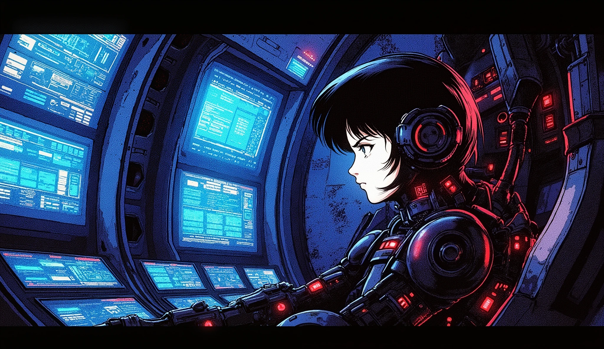 Classic 1990s anime cyberpunk illustration, female pilot in a high-tech cockpit of a giant mecha, wearing black armored suit with glowing red circuits, holographic HUD around her, bright neon blue screens illuminating her face, intense cinematic mood, retro comic halftone shading, vibrant neon tones, highly detailed, 4K

