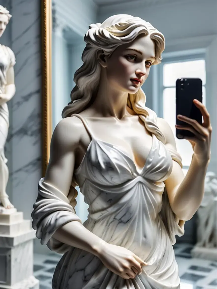 a beautiful woman in the style of MarbleStatueXL white marble statue, taking a selfie in the mirror <lora:MarbleStatueXL:0.8>