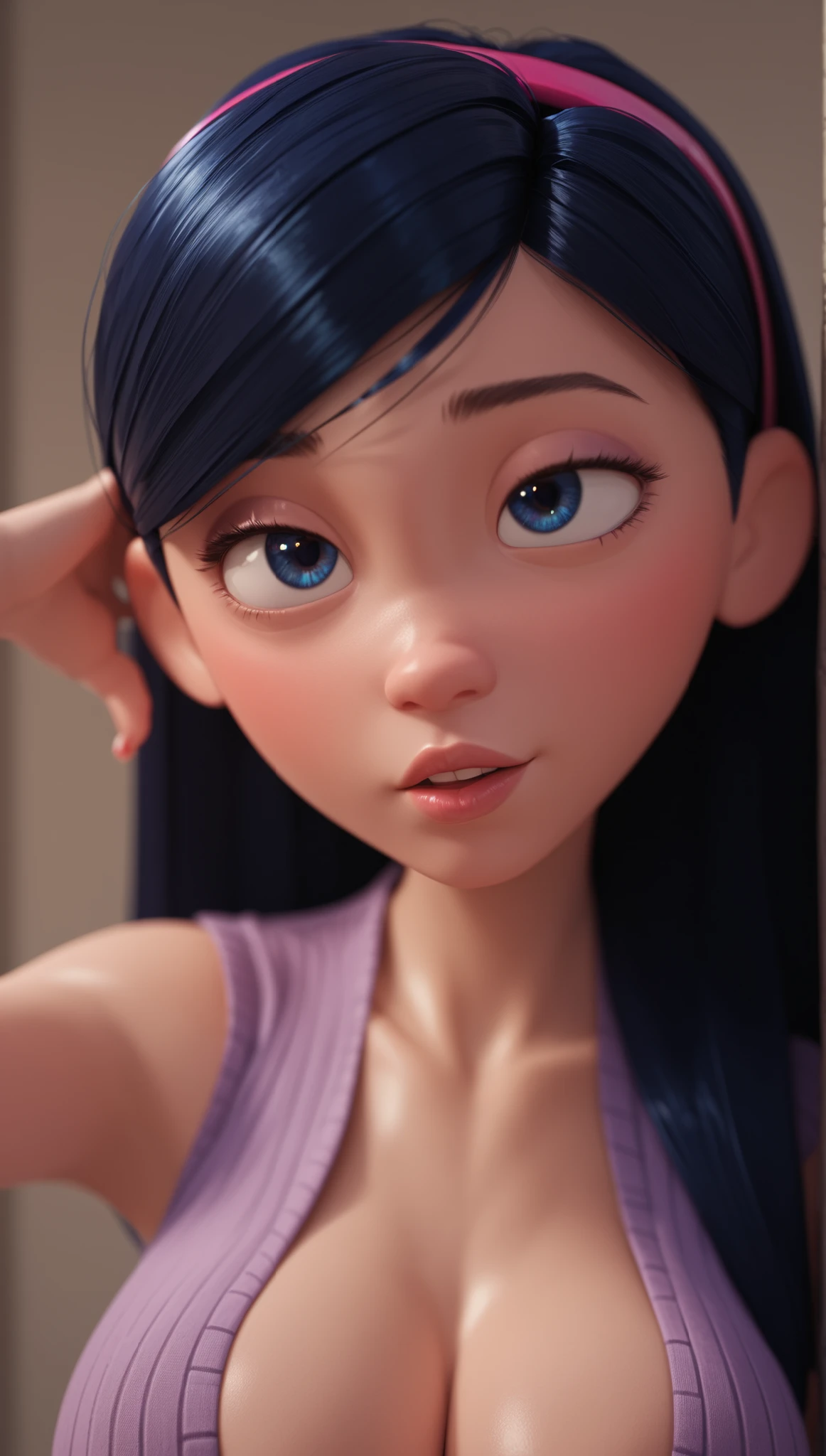 (violet parr), beautiful, big breasts, with half-open full lips , parts, blue eyes ,