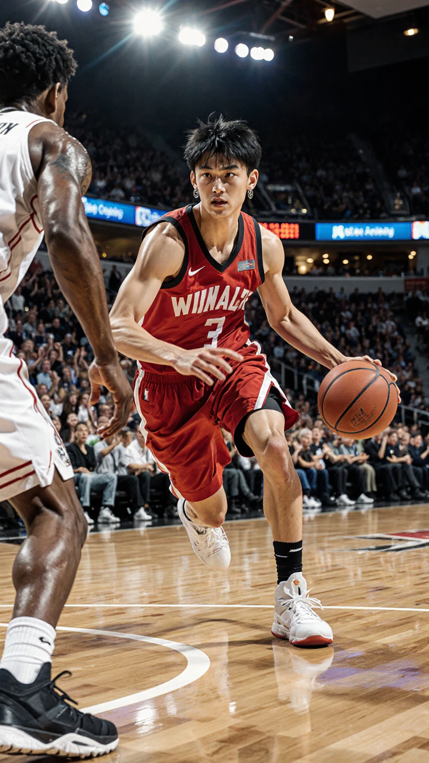Miyagi Ryota setting up a dribble breakthrough at the basketball arena、petite physique、Red Uniforms、sharp gaze、short black hair with two blocks、Silver earrings with both ears、supple body movement skillfully handling the ball with a low center of gravity、white A sharp dribble that slips past the side of an opponent's defense in uniform、speedy movement、Intense Piston Exercise、posture that conveys muscle tension brightly illuminated indoor court、shiny wood flooring、Clear white court line、sense of realism where you can hear cheers from the audience seats、spotlight light super high speed movement expressed by motion blur、powerful composition、sweat grains shine、Focused Expression、shaking of the uniform sports action shot、dynamic motion、professional lighting、detailed movement、4K quality、cinematic composition、motion blur effect、realistic texture