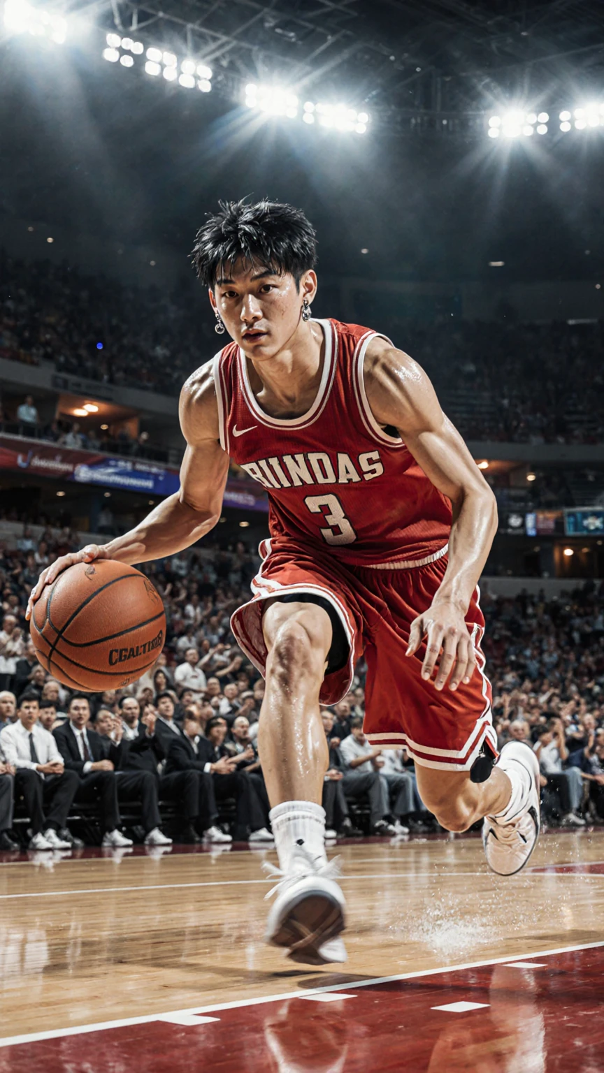 Miyagi Ryota setting up a dribble breakthrough at the basketball arena、petite physique、Red Uniforms、white wristband ,sharp gaze、short black hair with two blocks、Silver earrings with both ears、supple body movement skillfully handling the ball with a low center of gravity、white A sharp dribble that slips past the side of an opponent's defense in uniform、speedy movement、Intense Piston Exercise、posture that conveys muscle tension brightly illuminated indoor court、shiny wood flooring、Clear white court line、sense of realism where you can hear cheers from the audience seats、spotlight light super high speed movement expressed by motion blur、powerful composition、sweat grains shine、Focused Expression、shaking of the uniform sports action shot、dynamic motion、professional lighting、detailed movement、4K quality、cinematic composition、motion blur effect、realistic texture