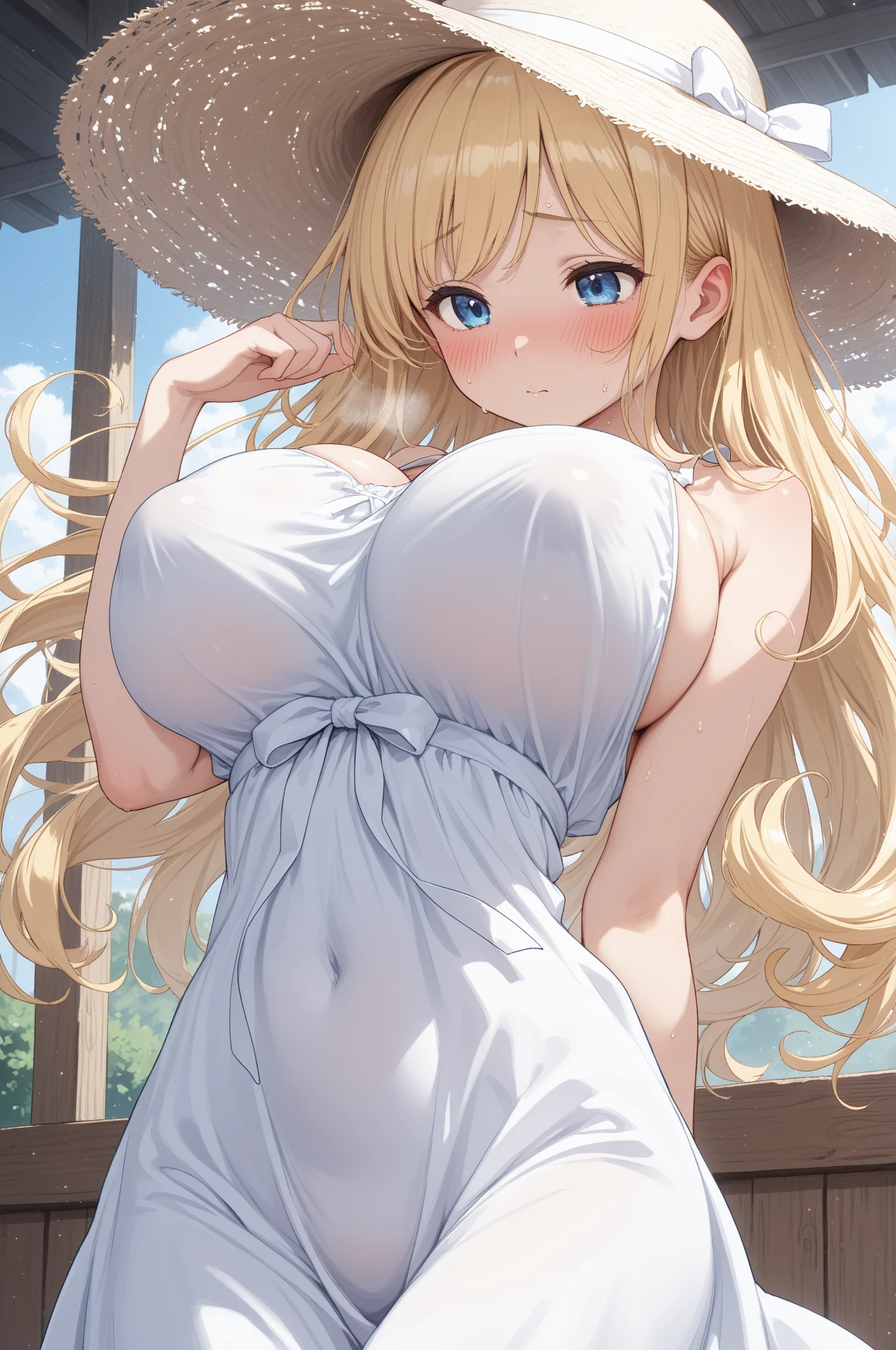 best quality, extremely detailed, ultra-detailed, illustration, anime, nsfw, bokeh,official art, extremely detailed CG unity 8k wallpaper, perfect lighting, cinematic lighting,tiny waist, narrow waist, shiny skin, shiny hair, (embarrassed, happy smile:1.2), heterochromia, pretty eyes, <lora:Fletcher-v0.2:0.6> FletcherKC FletcherCasual blond_hair black_hairband seductive_smile large_breasts <lora:DakotaWhiteHalterDress:0.8> see-through halter dress, transparent dress, trimming with lace, lace dress, high res, armlet, necklace, bracelet, jewelry, instrument, laurel wreath, white dress,
side boob, collarbone, cleavage, wide hips, crotch, (in water, wet, leaning forward, skirt lift, from below, low angle:1.4), light rays, sunlight, sunbeam, resort, island, forest, tree, leaf, flower, rose,
(fountain, water fountain, wet, sweat:1.2),