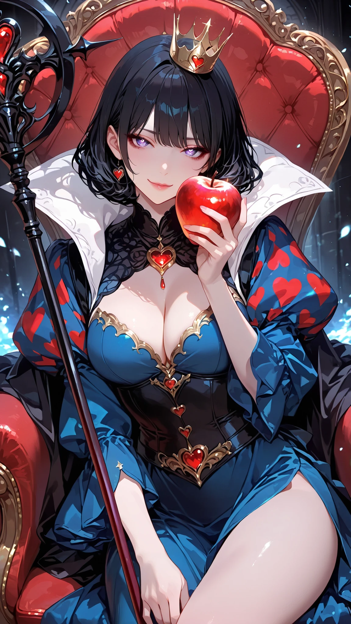 an evil version of Snow White,detail eyes,She has a seductive smirk and is holding a glowing red apple in one hand, and a staff topped with a heart-shaped apple in the other.