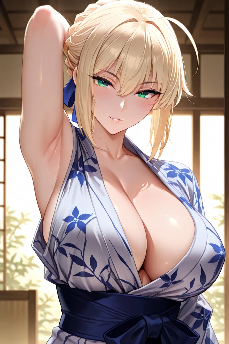 Love Espada, blonde long hair, ponytail, green eyes, kimono, hair flower, floral print, wariza,
(huge breasts:1.2, upper body, from below, cameltoe, ) white panties, skirt lift,
jewelry, hands on chest,see-through, looking at viewer, hair ornament, choker, shy, smile,
(masterpiece, top quality, best quality, official art, beautiful and aesthetic:1.2), (1 girl), extreme detailed, colorful, highest detailed,
city,street, leaning, wall, sun, cloud,