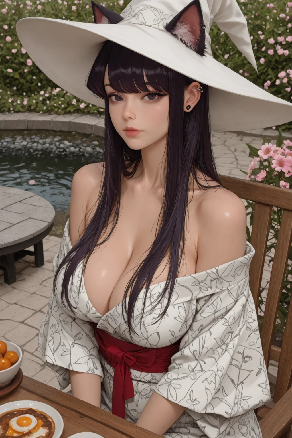 beautiful detailed hair,beautiful detailed eyes,masterpiece,best quality,highres,many line in hair,beautiful detailed background,garden,
1girl, long hair, hair, sidelocks, asymmetrical hair,hair intakes,(black hair:1,3),cyan eyes, medium breasts,
light_smile,eyelashes,white_beret,hat bow, (crystal earrings:1.0),
kimono,
upper body,