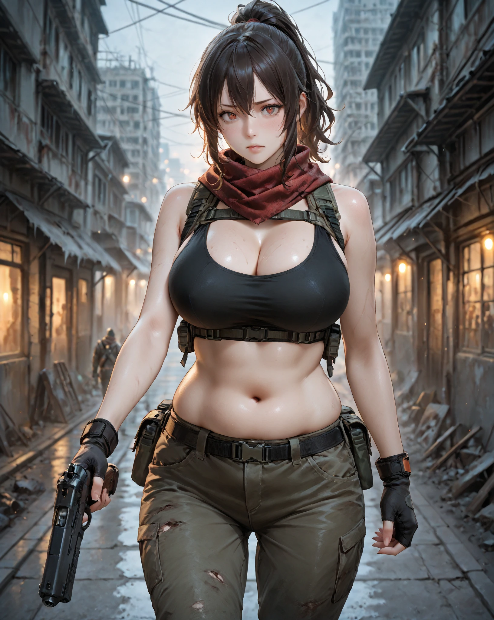 1girl,revy,big breasts,muscualr female,holding knife,city,explosion, battlefield, masterpiece, best quality, <lora:revy:1>