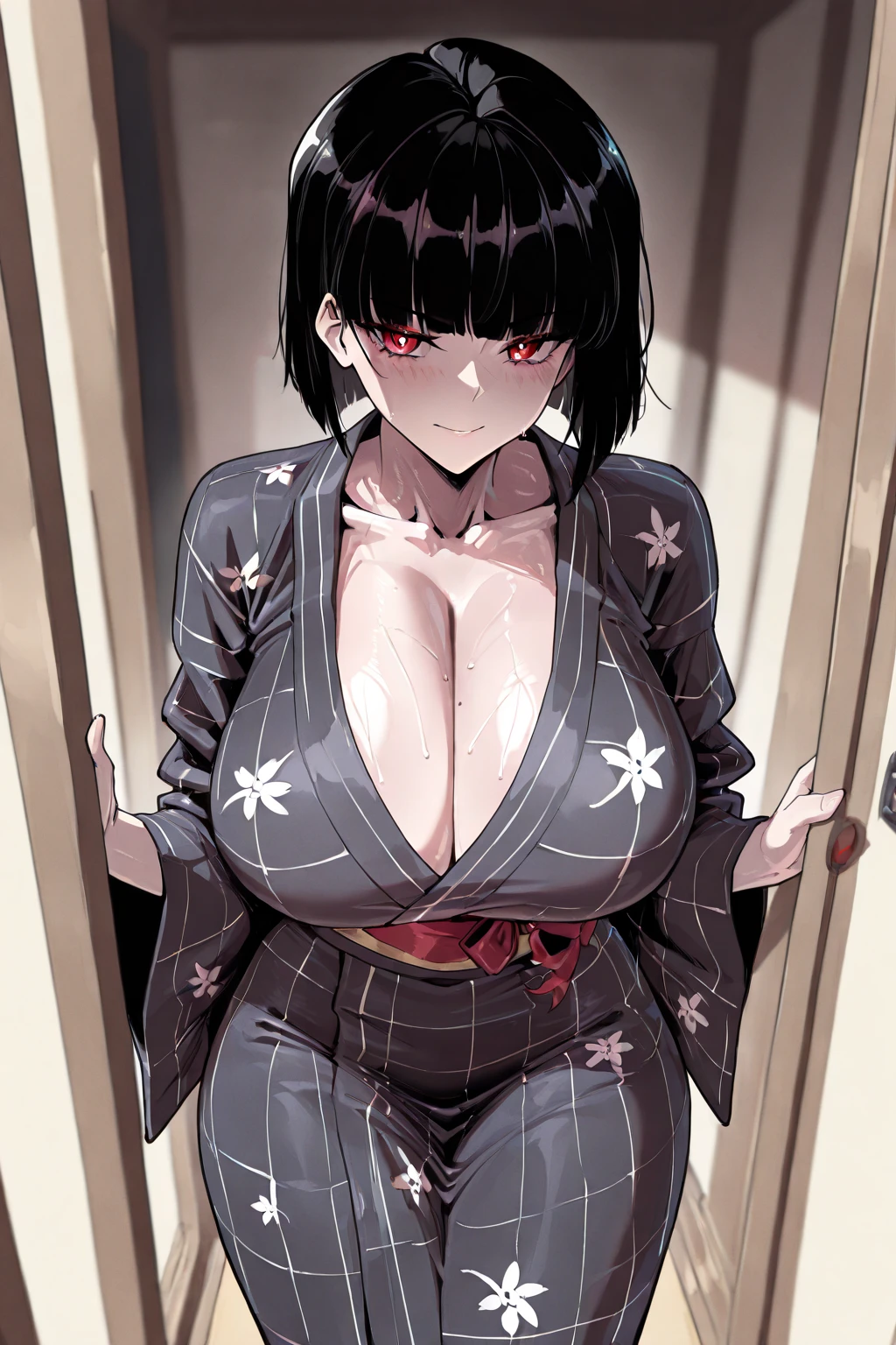 AYui,aunt yui, 1girl, solo, breasts, ponytail, japanese clothes, long hair, large breasts, kimono, sitting, cleavage, blush, blunt bangs, bangs, sash,makeup,blush,
simple background, red background,
, <lora:AYui_test5:0.8>