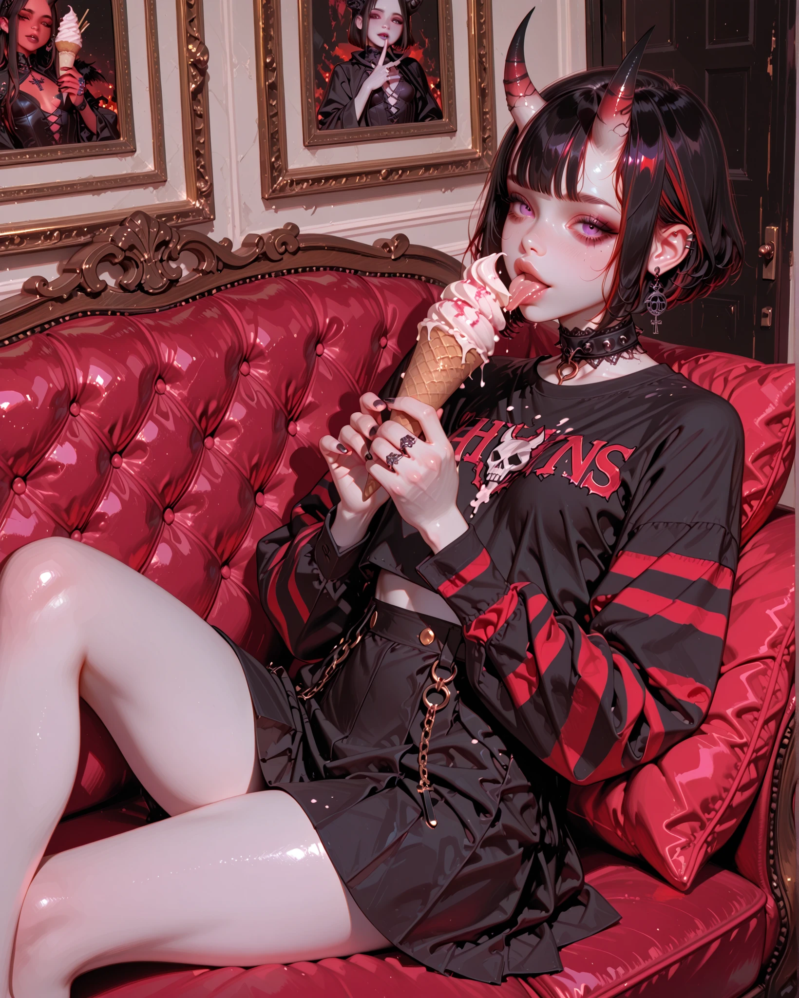 ((high angle)) goth girl pale skin hair bob hair cut black, she has she horns as Oni demon, has half veiled red and black stripes, and a tiny brasier, and a black skirt, She has small breasts, beauty legs, she is sitting on a sofa in a living room, piernas cruzadas, flirty look. she bites her lips very flirty, she holds an ice cream in her hands , passionate licking
