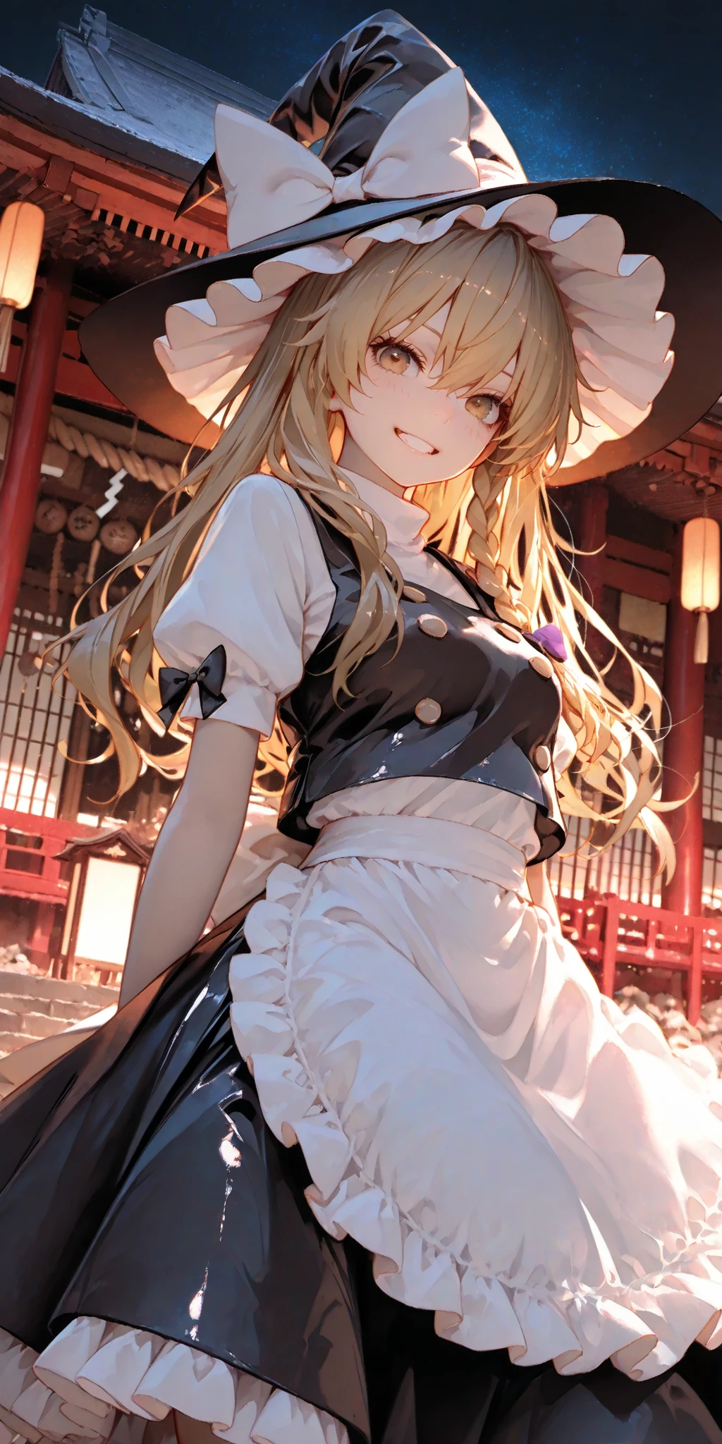 shrine, Fluorescent color, growing, Glossy effect, clear contours, bright color, high contrast, dark background, Digital Art、dynamic angle
Marisa Kirisame、、witch hat
Delicate,masterpiece,Highest Quality,detail,high resolution,high resolution,4K,8k,beautiful artwork,watercolor, BREAK, soft, かすかな線とbright color調で夢のようなもろい外観を作り出しています, BREAK, (Touhouproject,marisa kirisame:1.3),(Alone), cute girl with good taste,smile,Dynamic Cute Pose from Above、The Royal Family、mouth closes、apron dress、The star-shaped barrage scattered、Aerial、fly through the sky、Mr.々pose