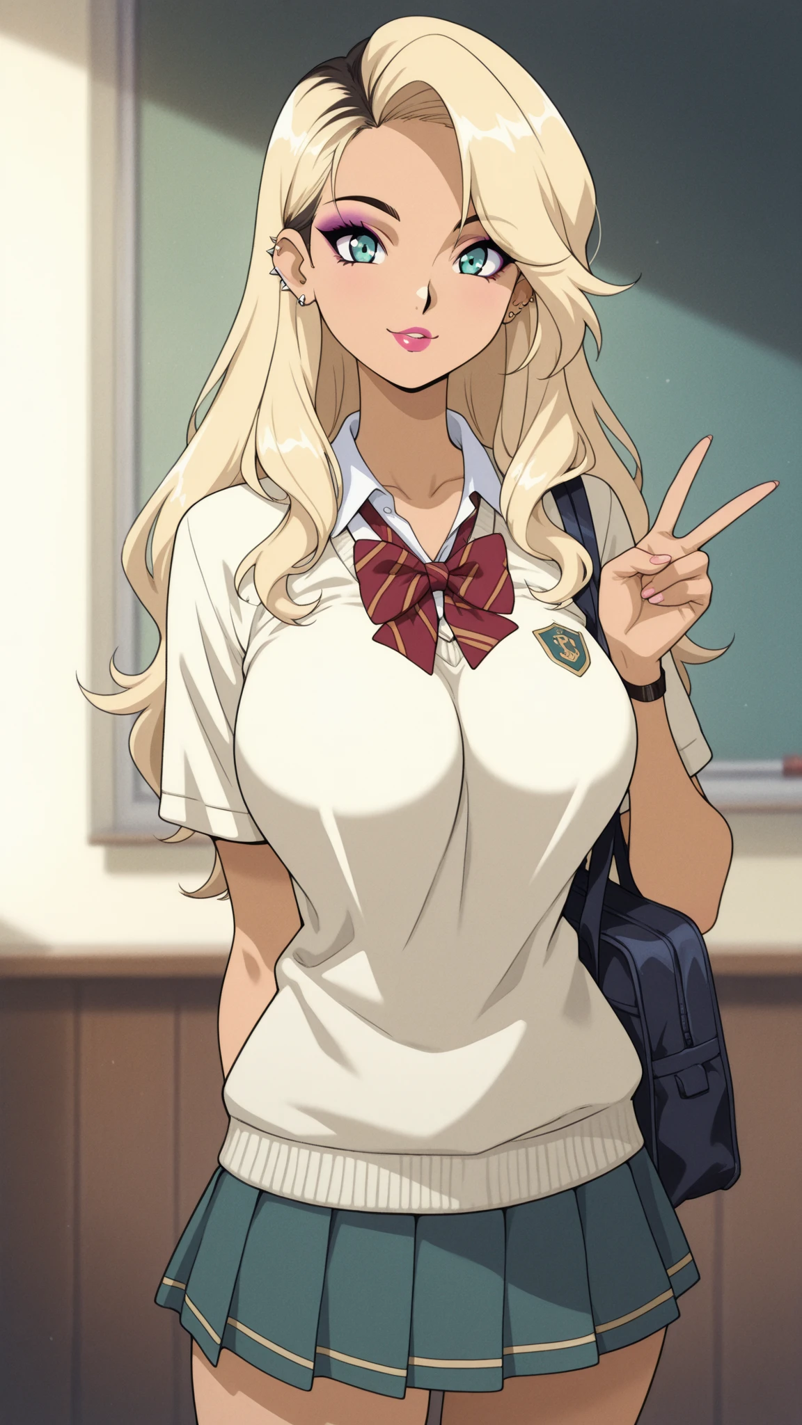 (masterpiece, best quality, perfect hourglass figure, wide waist, blush), busty, portrait, perfect face, flawless eyes, empty gradient background, beautiful lips, full lips, <lora:add_detail:-0.2>, (arms behind back), cowboy shot, <lora:sanpaku-eyes-v2:0.8> , sanpaku, round pupils, red eyes, wide smile, (huge breasts, sagging breasts), blond hair, long twintails, eyeliner, lipstick, <lora:Dskin_v1.0:0.2> , tan, dark skin, brown skin, <lora:concave:0.8> , concave bangs, <lora:CostumeJanusSchoolUniformV1:0.8> , white serafuku, double-breasted, crop top, white skirt, white pantyhose