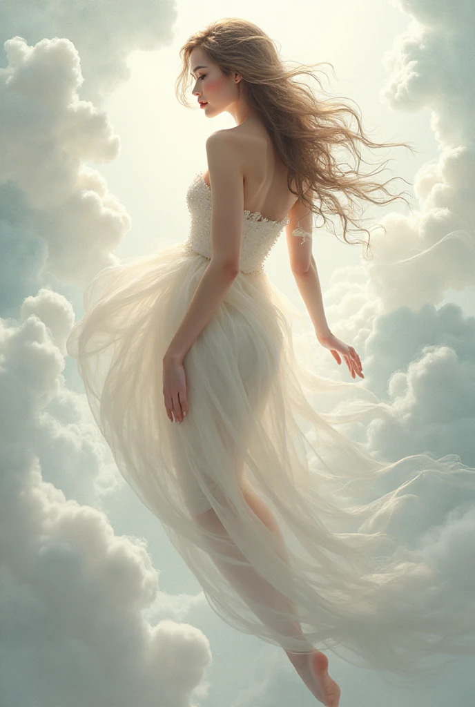 Woman flying with thick clouds as a cushion,Like wearing a beautiful dress and being blown away by speed in the wind,top quality,4K,high res,Masterpiece,extremely detailed,realistic,pictures,HDR,UHD,professional lighting,Extremely detailed painting,focused,Physically Based Rendering,extremely detailed 묘사,professional,Vibrant colors,Bokeh