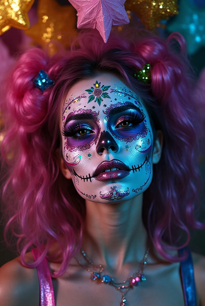 (best quality, 8K, Masterpiece: 1.3)), Sharp focus: 1.2, A beautiful woman with a perfect figure. Highly detailed  and skin textures, Detailed eyes, Double eyelids, smile, look at viewer, purple hair, upper body, put on makeup, blurry background, white skin, Face Paint, gray skin, playing equipment, Holding equipment, Zombies, light purple lips, __background__ Full of busy people