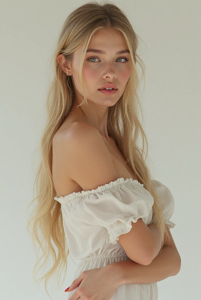 big  13 years old blonde girl taking full body selfie front of a mirror in messy room