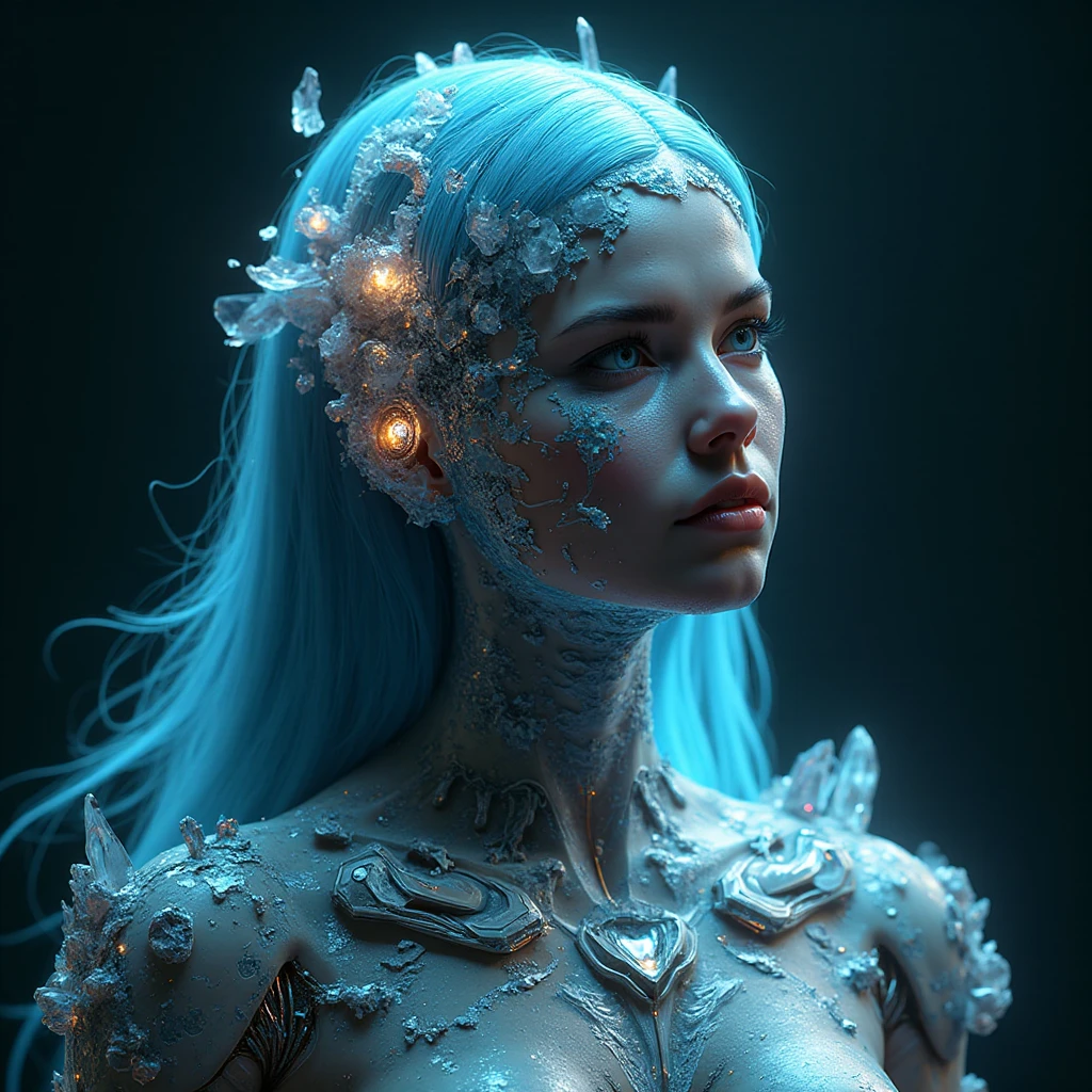 A stunning, ethereal female alien, with iridescent blue skin and long, flowing silver hair, descends from the sky in a burst of glittering, rainbow-colored sparks. She wears a flowing white gown adorned with intricate, glowing patterns that shimmer in harmony with her surroundings. As she steps onto the bustling market place, her eyes sparkle with curiosity, taking in the vibrant colors and lively atmosphere of the stalls and vendors. The market is filled with a diverse array of alien species, each with their own unique features and customs, all gathered to celebrate the intergalactic festival of unity and cooperation. The air is filled with the sweet scent of exotic fruits and the sound of lively music, as the female alien explores the stalls, sampling the local delicacies and marveling at the wondrous sights and sounds of this intergalactic gathering