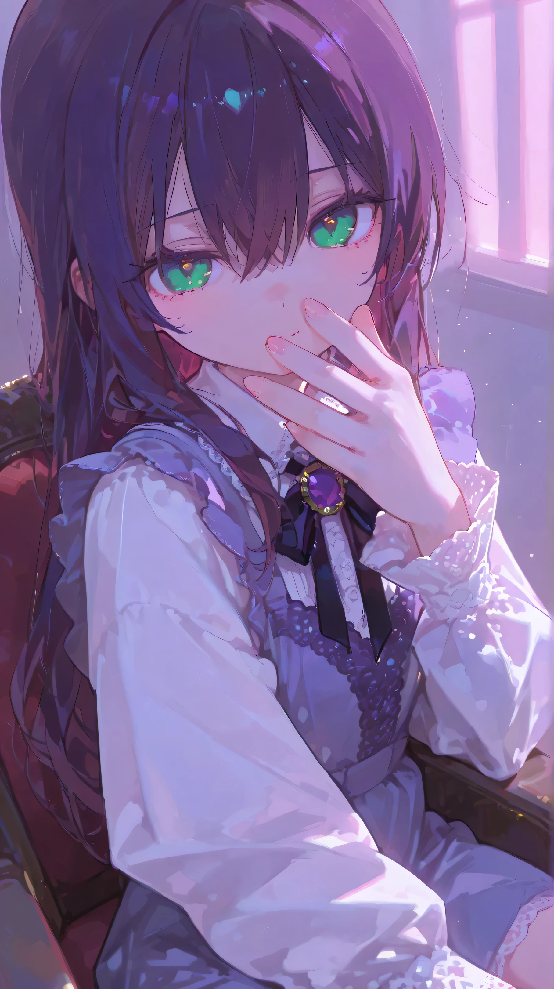 Young anime girl with dark and long hair, with bright green eyes and a sinister and mocking expression. She has a pale complexion and a slender anime-style body. She wears a lavender dress with lace details and a dark purple jewel on the chest. Her posture is slightly tilted towards an object to her right, which places her in a diagonal position within the. The girl looks slightly towards the camera, with a gesture of interest or curiosity. The background is dark and purple, of a golden wooden piece of furniture on the back. The image has an artistic comic book visual style with stylized lines and pastel colors with dark touches. Colors are saturated, frame but with lighting and shading that creates a strong contrast. The atmosphere is mysterious and tense. There are vignetted details in the illustration design, similar to those of a comic book. The composition is dynamic, and the perspective is slightly higher than the girl.