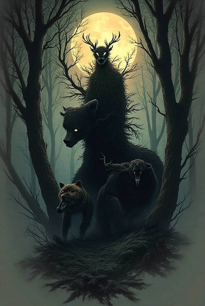 animals in dark forest, dark art, surrealism, dramatic, greg rutkowski
