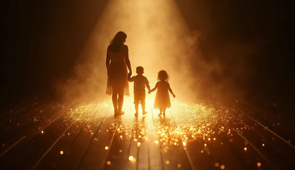 Magical Mom with her children, boy and girl surrounded by Light, portals of light, and sparks of light, colors in the image: beige, dorado, Brown, orange, white, pale pink, 