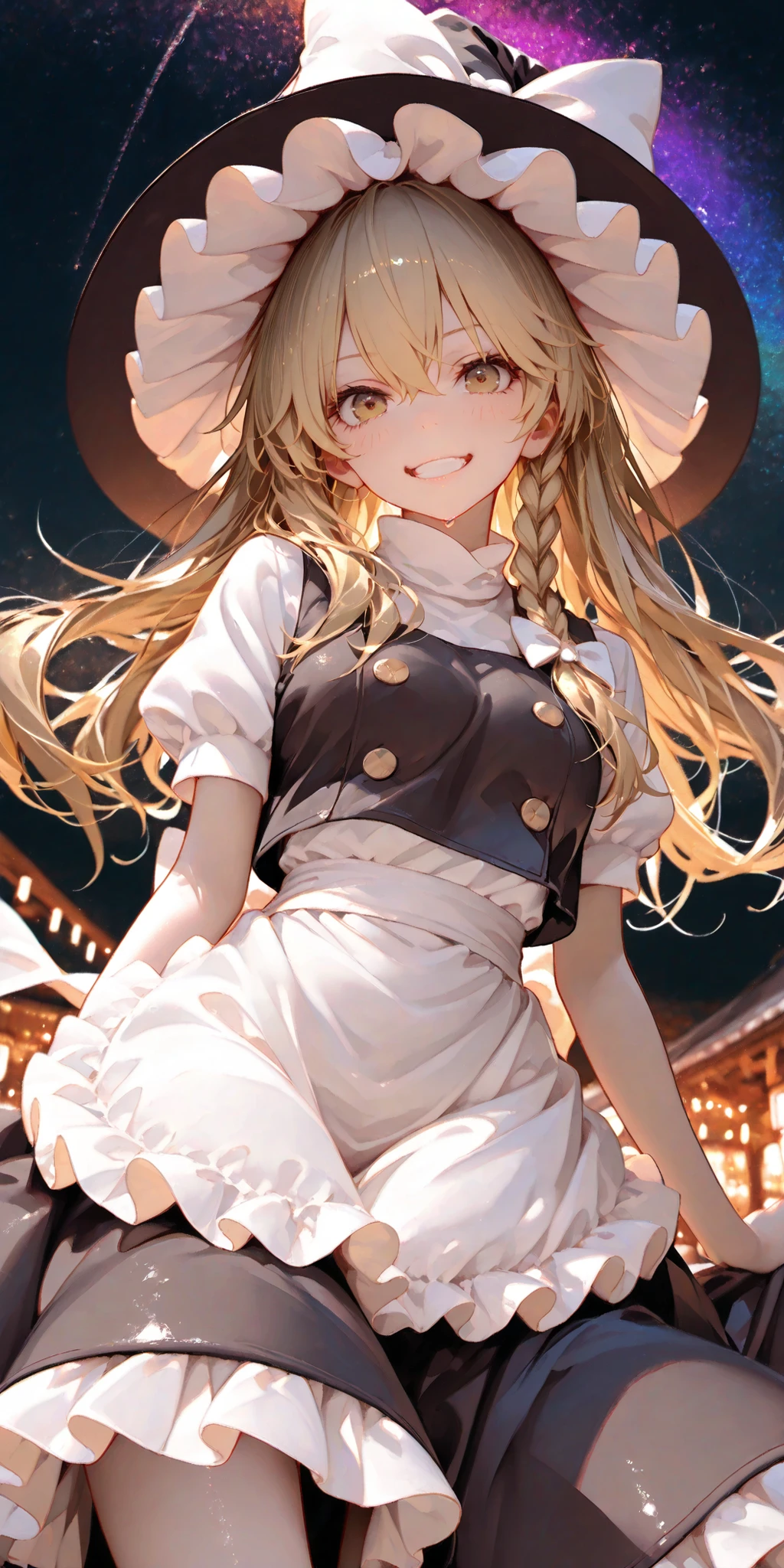 Fluorescent color, growing, Glossy effect, clear contours, bright color, high contrast, dark background, Digital Art、dynamic angle
Marisa Kirisame、、witch hat
Delicate,masterpiece,Highest Quality,detail,high resolution,high resolution,4K,8k,beautiful artwork,watercolor, BREAK, soft, かすかな線とbright color調で夢のようなもろい外観を作り出しています, BREAK, (Touhouproject,marisa kirisame:1.3),(Alone), cute girl with good taste,smile,Dynamic Cute Pose from Above、The Royal Family、mouth closes、apron dress、The star-shaped barrage scattered、Aerial、fly through the sky、Mr.々pose、There are countless rainbow-colored stars scattered around