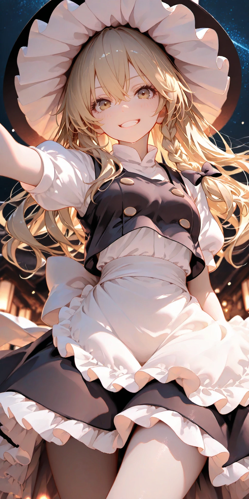 Fluorescent color, growing, Glossy effect, clear contours, bright color, high contrast, dark background, Digital Art、dynamic angle
Marisa Kirisame、、witch hat
Delicate,masterpiece,Highest Quality,detail,high resolution,high resolution,4K,8k,beautiful artwork,watercolor, BREAK, soft, かすかな線とbright color調で夢のようなもろい外観を作り出しています, BREAK, (Touhouproject,marisa kirisame:1.3),(Alone), cute girl with good taste,smile,Dynamic Cute Pose from Above、The Royal Family、mouth closes、apron dress、The star-shaped barrage scattered、Aerial、fly through the sky、Mr.々pose