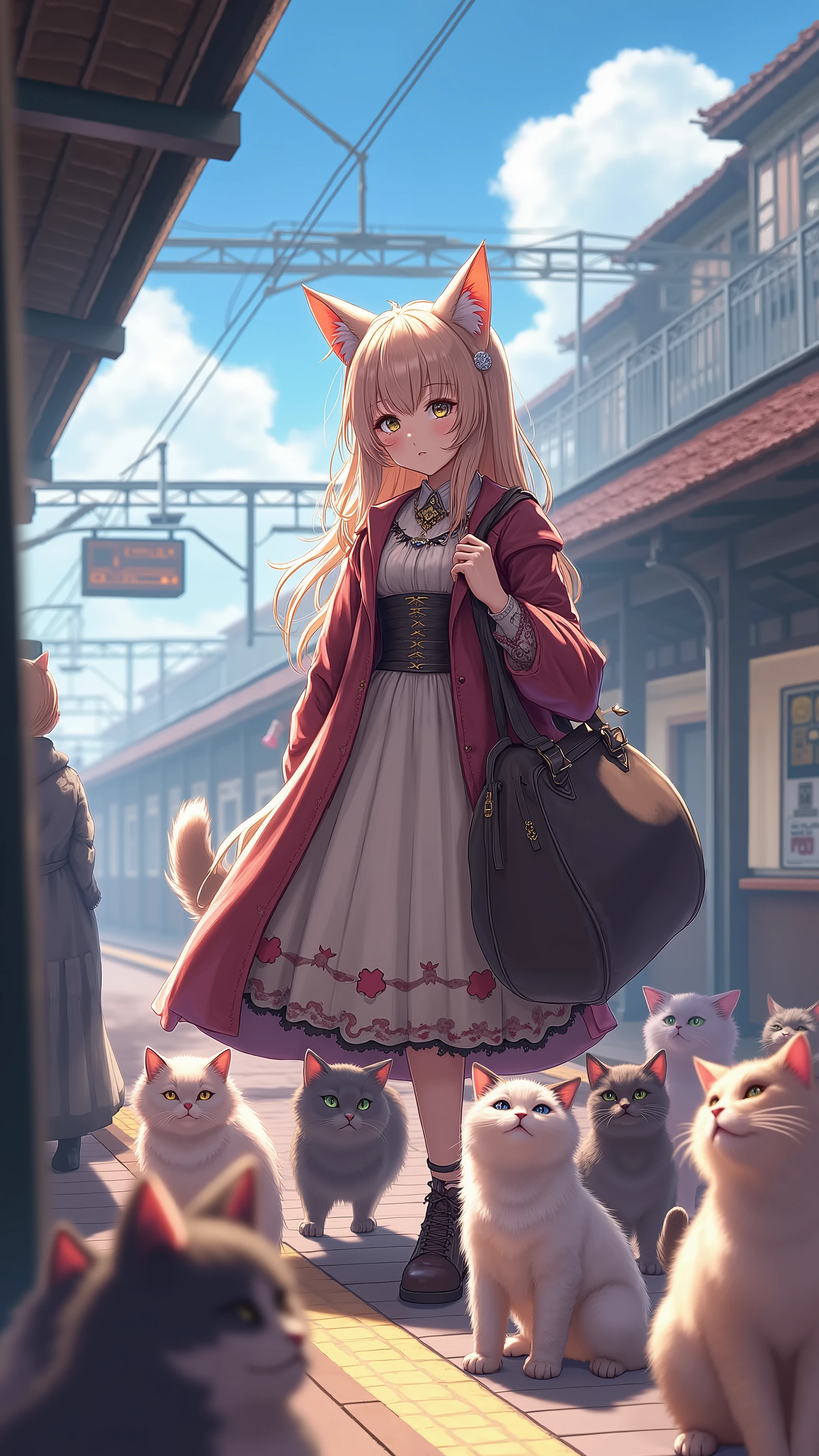 highdefinition image、The witch's cat girl with several cats is at the train station with a large carrying bag、何匹かの猫を連れている