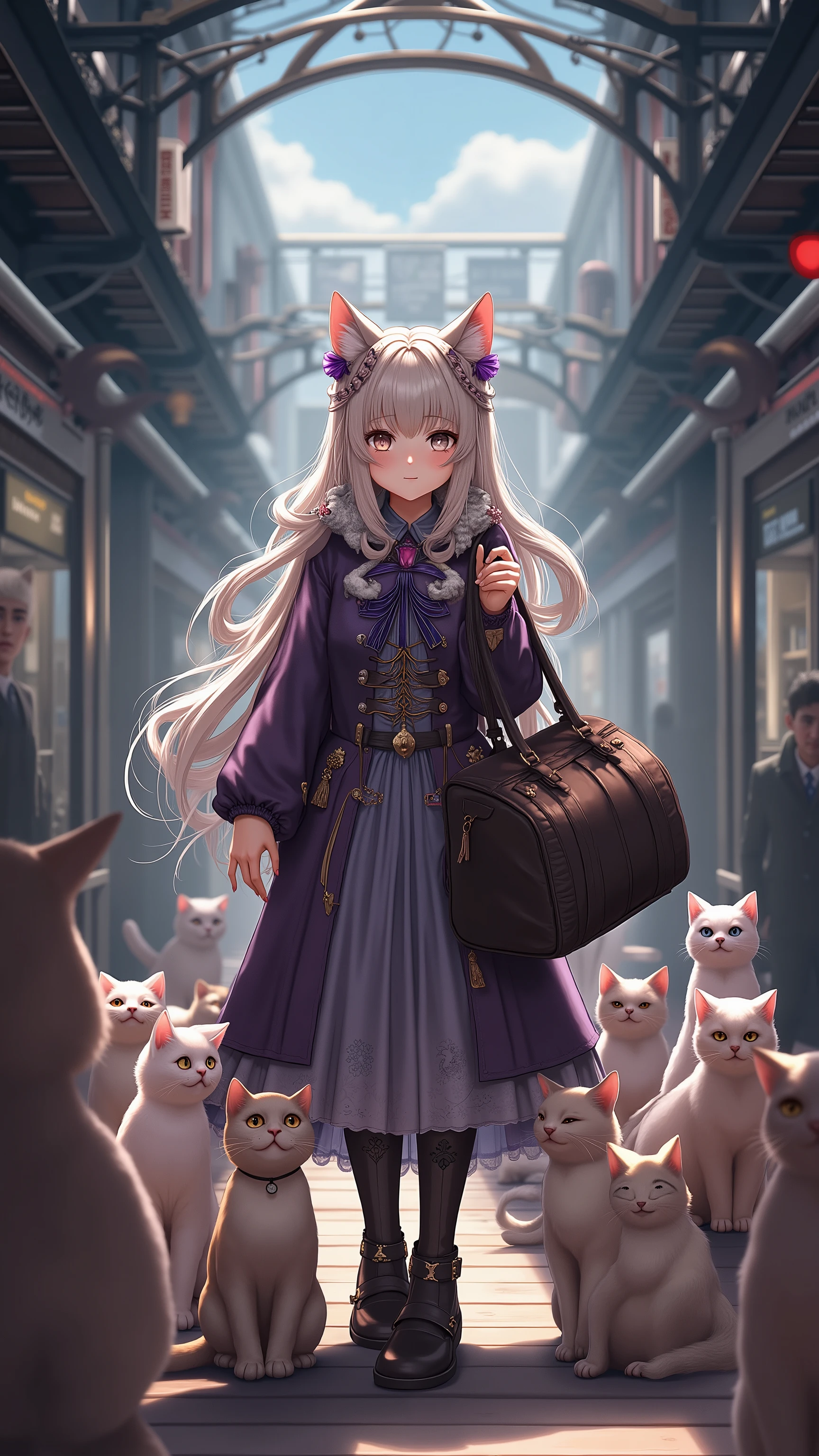 highdefinition image、The witch's cat girl with several cats is at the train station with a large carrying bag、I have several cats