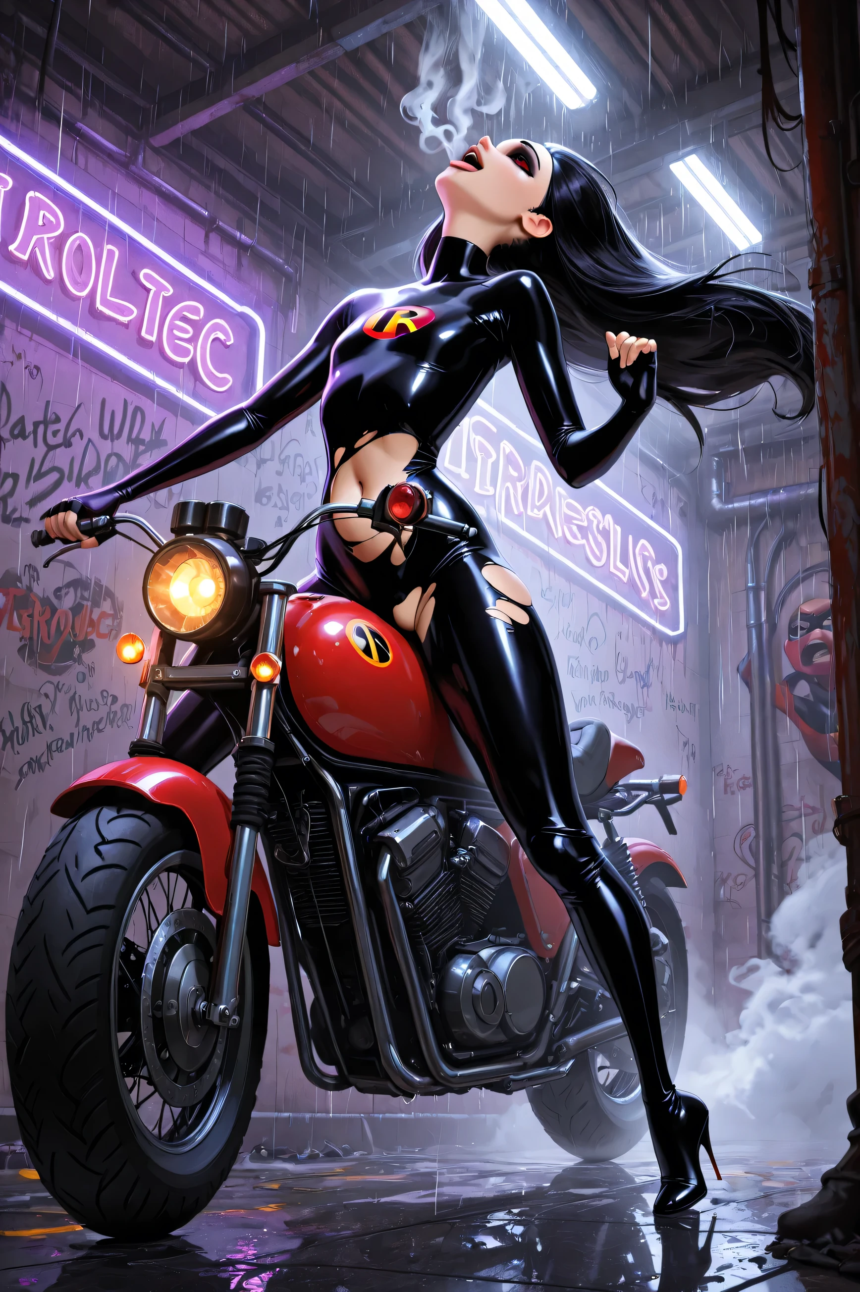 Masterpiece, highres, 4k, UHD, very detailed, (violet_parr), the_incredibles, i logo, incredibles suit, beautiful, young girl, solo, ultra-detailed, teenage girl, mask, black hair windswept and wild, dark purple latex bodysuit torn strategically, straddling motorcycle in abandoned warehouse, extreme arch showing curves, costume barely containing heaving chest, deep v-neck to navel, thigh-high boots with stiletto heels, fingerless gloves gripping handlebars, head thrown back in abandon, tongue touching upper lip, heavy eye makeup running slightly, chains hanging from ceiling, industrial setting with graffiti walls, motorcycle headlight creating dramatic uplighting, smoke machines creating hazy atmosphere, oil stains on concrete floor, rain-slicked surfaces reflecting neon lights, puddles creating mirror effects, raw industrial boudoir, erotic motorcycle photography