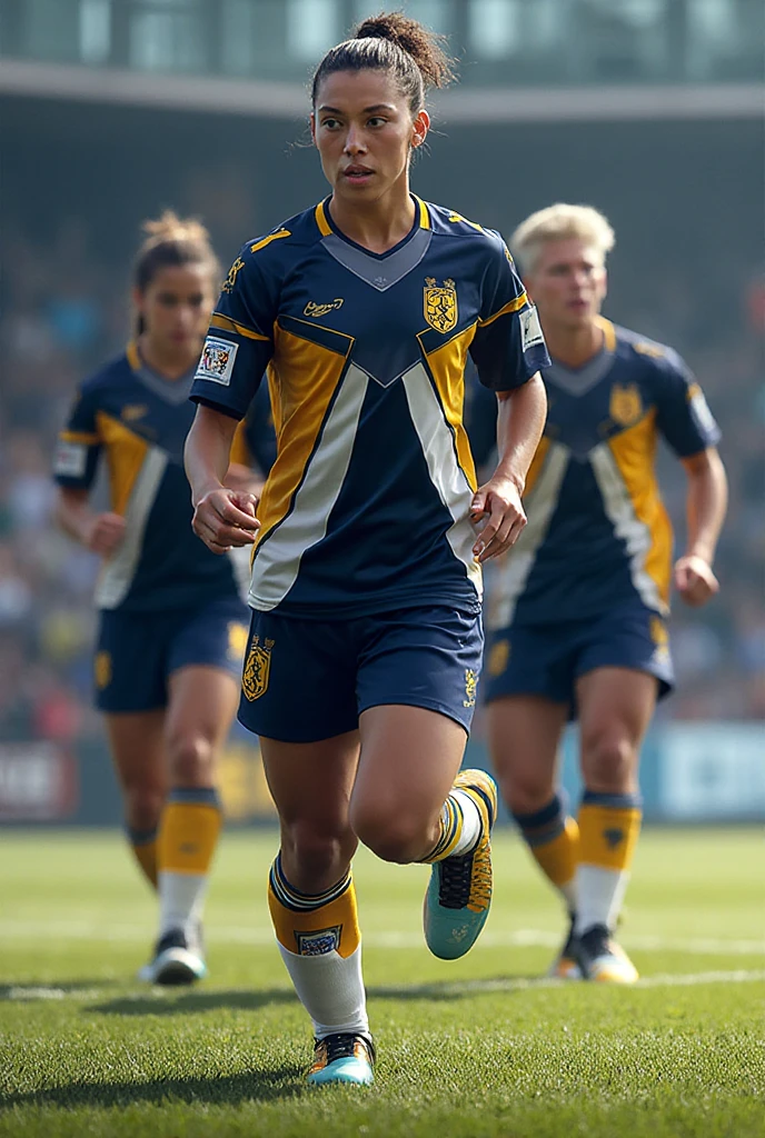 Black anime girl, black hair tied up, wearing dar blue and red and white soccer kit, wearing soccer boots, on the stadium, kicking ball