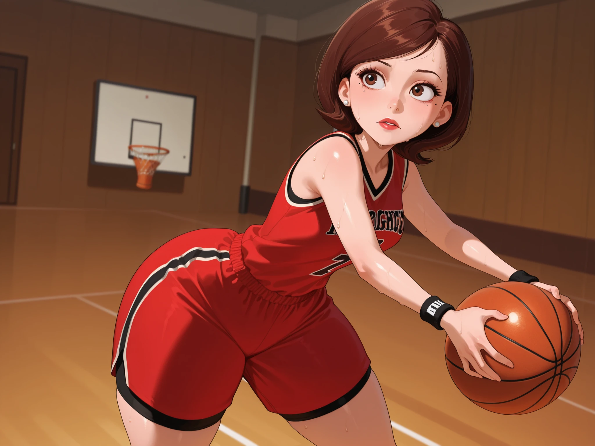 Helen Parr , mature female, medium hair, Bob_cut, brown hair, brown eyes, big eyes, long eyelashes, medium breasts, narrow waist, thick thighs, huge hips, fair skin, thin hands, earrings, makeup, pink lips, lipstick.| masterpiece, best quality, amazing quality, mole, mole under eye, bangs, anime screencap, basketball dribbling, dribbling (basketball), solo, shirt, holding, sweat, shorts, sleeveless, looking to the side, feet out of frame, wristband, ball, sportswear, holding ball, basketball (object), basketball, basketball uniform,