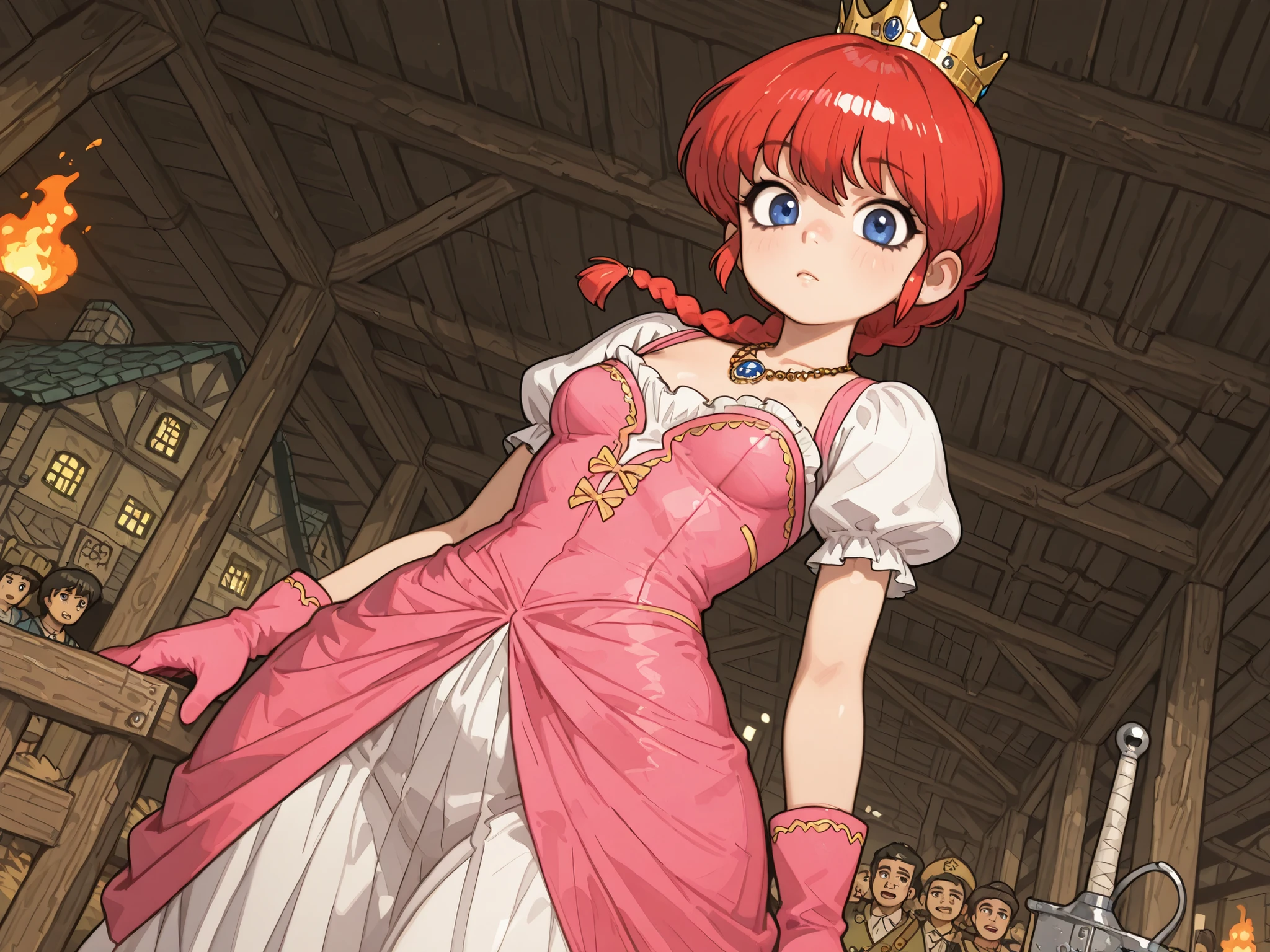 Ranma Saotome. red hair. blue eyes. braid. small breasts. wide hips. necklace. black eyeliner. pink manicure. | score_9, score_8_up, score_7_up, source_anime, princess, crown, dress, gem, gloves, puffy short sleeves, puffy sleeves, short sleeves, gloves, fire village, houses, community, rural, farms, from below, looking at viewer, solo,, dutch angle, cowboy shot, village riot, renegades, weapons, village battle, uprising
