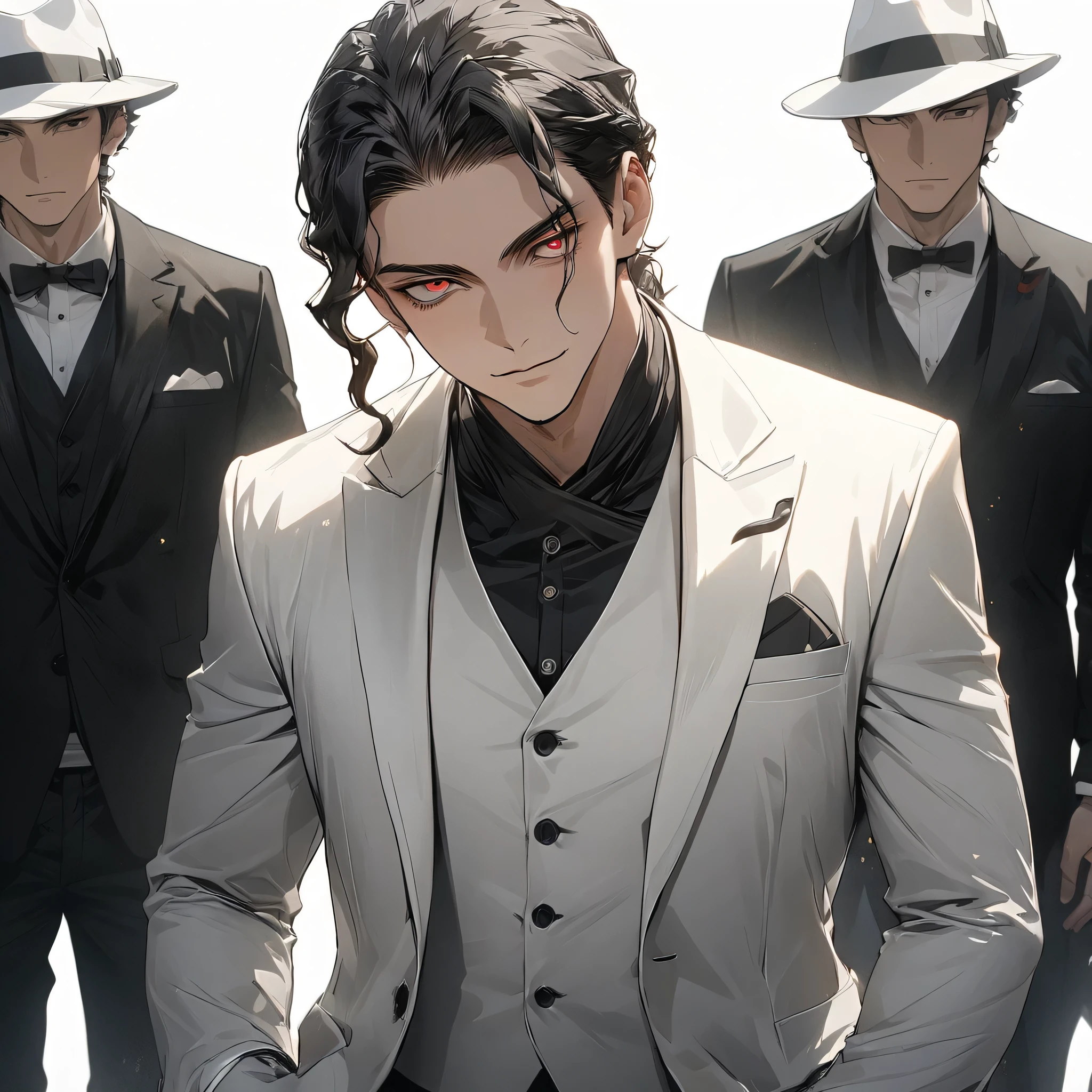 Cowboy Shot,Familiar,Focus on males, one man , Muzan Kibutsuji, white  has ,high definition, 8k, Very high quality, Masterpieces, Full and detailed face, ((white background:1.5)) ,((back muscles)),(Masterpieces:1.2, is the best quality), MuzanMale,  1 boy , Focus on males, is unique, Familiar,  has , red eyes, official, suit, black hair, looks at the viewer, (( white fedora hat :1.5)), cinematic lighting, 