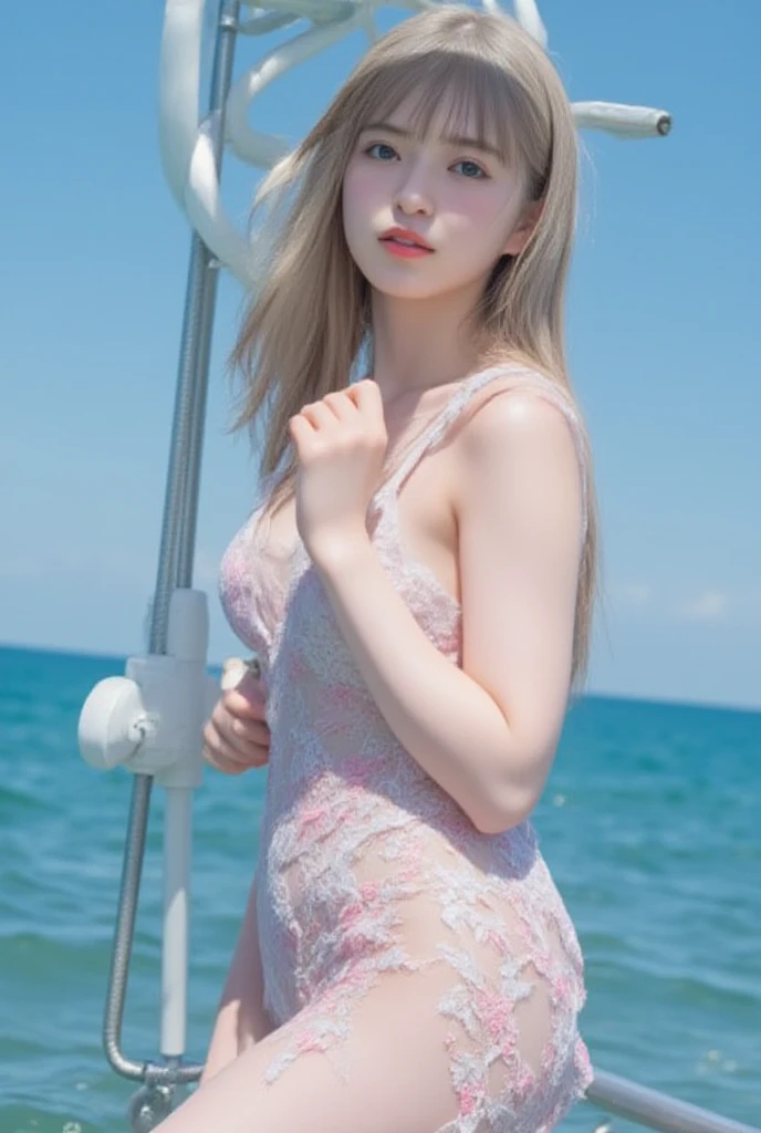 1girl, , sea, underwater, below water , bubbles, wet clothes, wet body, low angle, <lora:japaneseDollLikeness_v10:0.5>, hair ornaments, translucent kimono dress, white kimono, choker, transparent white bikini:0.8, transparent skirt:0.7, natural day light, best quality ,masterpiece, illustration, an extremely delicate and beautiful, extremely detailed ,CG ,unity ,8k wallpaper, Amazing, finely detail, masterpiece,best quality,official art,extremely detailed CG unity 8k wallpaper,absurdres, incredibly absurdres, huge filesize , ultra-detailed, highres, extremely detailed, beautiful detailed girl, extremely detailed eyes and face, beautiful detailed eyes, (RAW photo, best quality), (realistic, photo-realistic:1.3), light on face, full body, full-body shot, ((triangle shape face)), (whiteish pink hair:1), long hair, (big prefect eyes),((puffy eyes)), puffy nipples, (((small breasts))), ((fantasy breasts)), (Kpop idol), (aegyo sal), bangs, skinny, ((posing)), (smiling), happy, looking at viewer, facing front,small fishes, flowers