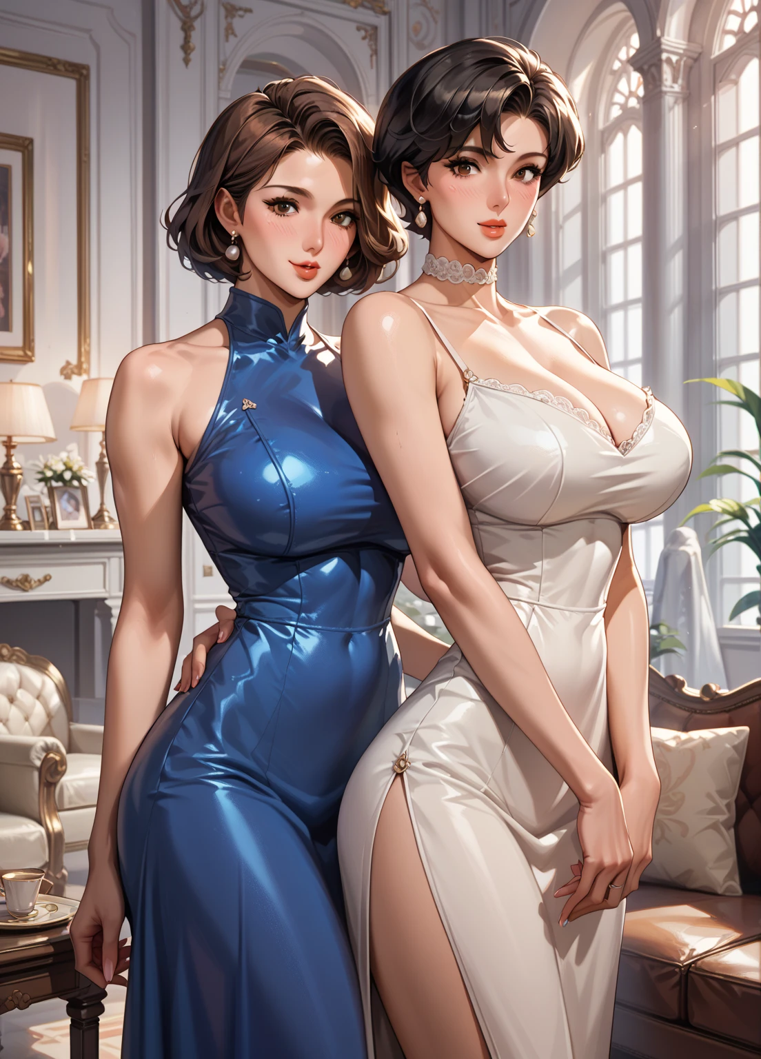 beautiful woman，smile，(light green short hair)，nobility，(princess)，blue student，Tall figure，((Strapless dress))，low skirt，(Star evening dress)，lolita skirt，Show your legs，Crystal heels，red carpet，prom website，(nobility)，(????ใหญ่)，((fluffy fur)),(2 young women ,beautiful woman),(20 year old girl),???????????,Big ????,????,rift, visible ?????, Show your ???????, open ?????,((???????????:1.37)), ฉันเห็น????โป่งพ,(large ???????:1.4,pink,????มองเห็นได้ชัดเจน..)