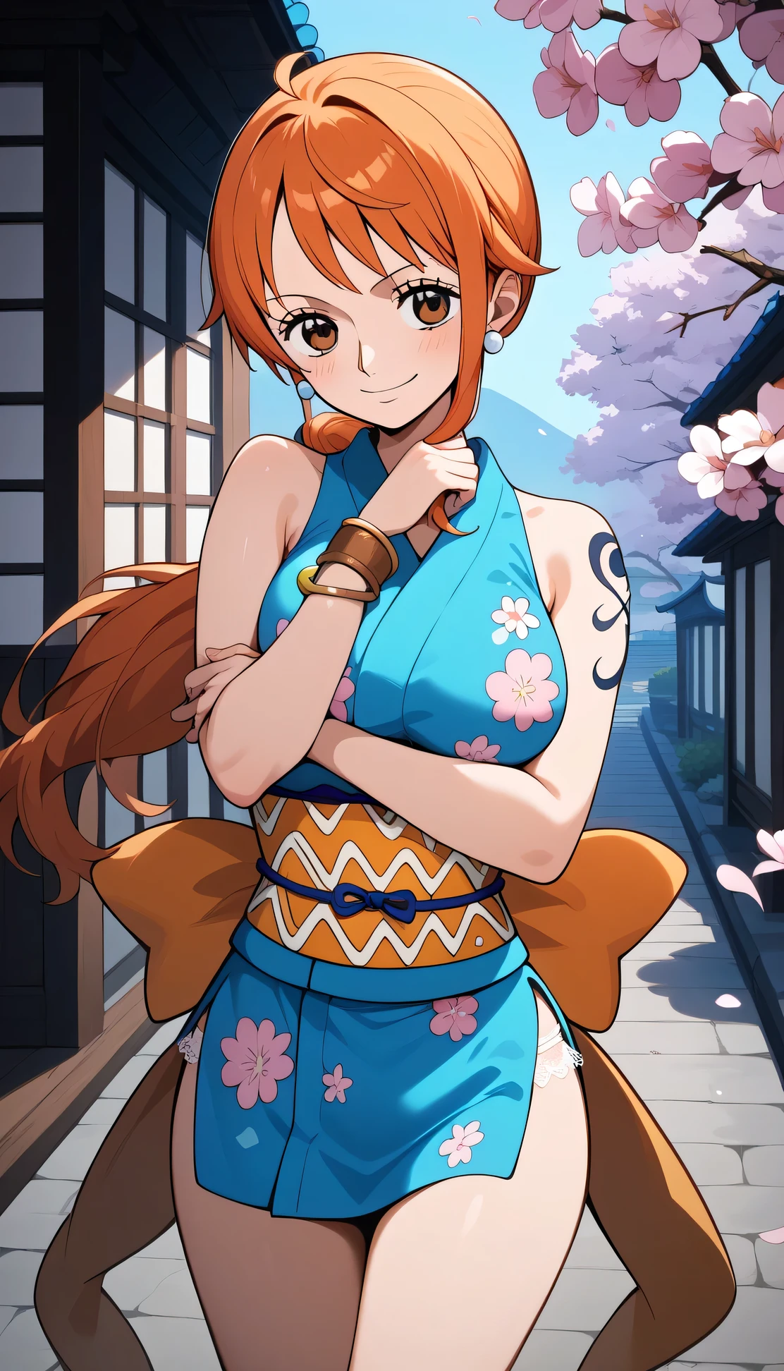 kilde_anime, shoulder tattoo of Aanami, long hair, orange hair, low ponytail, hair tie, earrings, brown eyes, shoulder tattoo,  breasts, clavicle, bare shoulders, Japanese clothing, short kimono, blue kimono, floral print, sleeveless, bracelet, wad of bills, Obi, standing, standing, looks like a cowboy, smile, open-mouthed, happy, outdoor, Cherry Blossoms, path,  breasts grandes, lifting her kimono showing off her white lace panties
