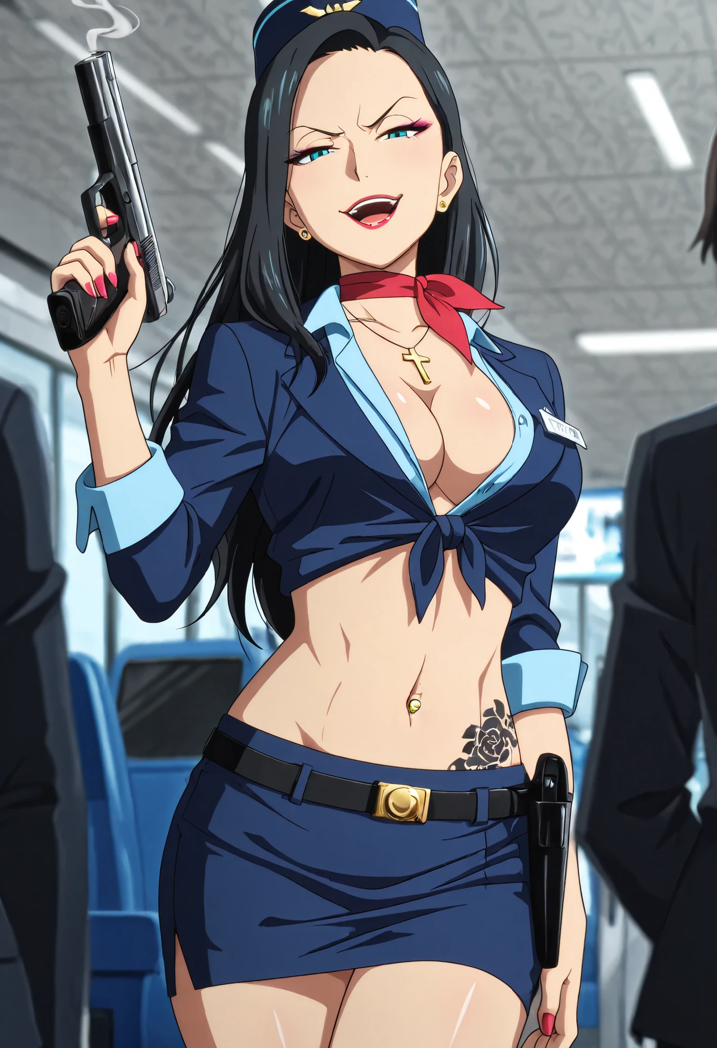 masterpiece, best quality, amazing quality, depth of field, blurry foreground, girl, legs crossed,  long hair, black hair, forehead, teal eyes, stewardess, blue shirt, blue skirt, travel attendant, red neckerchief, solo, upset, airport, nail polish , , makeup , ear piercing , long hair , lipstick , Hot girl , baddie , smoking , sensual , attractive , choker ,  cross necklace , stewardess, blue shirt, blue skirt, travel attendant, red neckerchief, tied shirt, knot, masterpiece, best quality, highly detailed,breasts,skirt,cleavage,long hair, unbuttoned shirt, collared shirt, knot,skirt suit,suit,formal,jewelry,necklace,micro pencil skirt,jacket,smile,makeup,looking at viewer,business suit, lipstick,office lady,mature female,micro miniskirt,indoor, ,smile, open mouth, (nsfw) not safe for work, holding a gun, evil expression, exposed belly, exposed navel, exposed midriff, exposed lower belly , holding pistol, lipstick, navel piercing, shoulder holster,, medium breast ,,looking at viewer , dragon tattoo on waist, narrowed eyes, tattoo on waist, anipai_style , anime screencap , anime coloring, v-shape eyebrows,