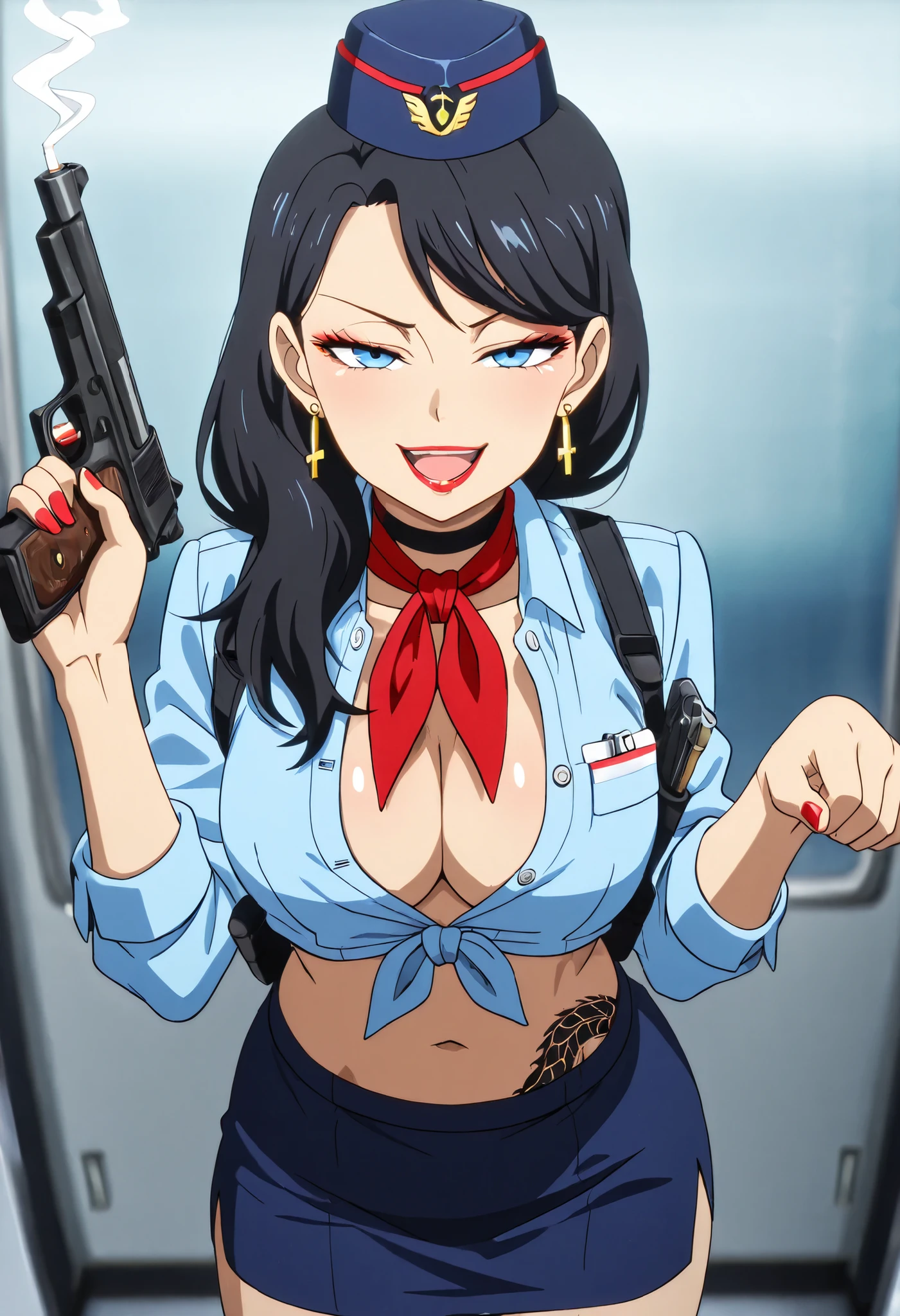 masterpiece, best quality, amazing quality, girl, depth of field, blurry foreground, paw pose, short hair, black hair, blue eyes, loop earrings, stewardess, blue shirt, blue skirt, travel attendant, red neckerchief, travel attendant hat, solo, smile,nail polish , , makeup , ear piercing , long hair , lipstick , Hot girl , baddie , smoking , sensual , attractive , choker , cross necklace , stewardess, blue shirt, blue skirt, travel attendant, red neckerchief, tied shirt, knot, masterpiece, best quality, highly detailed,breasts,skirt,cleavage,long hair, unbuttoned shirt, collared shirt, knot,skirt suit,suit,formal,jewelry,necklace,micro pencil skirt,jacket,smile,makeup,looking at viewer,business suit, lipstick,office lady,mature female,micro miniskirt,indoor, ,smile, open mouth, () , holding a gun, evil expression, exposed belly, exposed navel, exposed midriff, exposed lower belly , holding pistol, lipstick, navel piercing, shoulder holster,, medium ,,looking at viewer , dragon tattoo on waist, narrowed eyes, tattoo on waist, anipai_style , anime screencap , anime coloring, v-shape eyebrows,