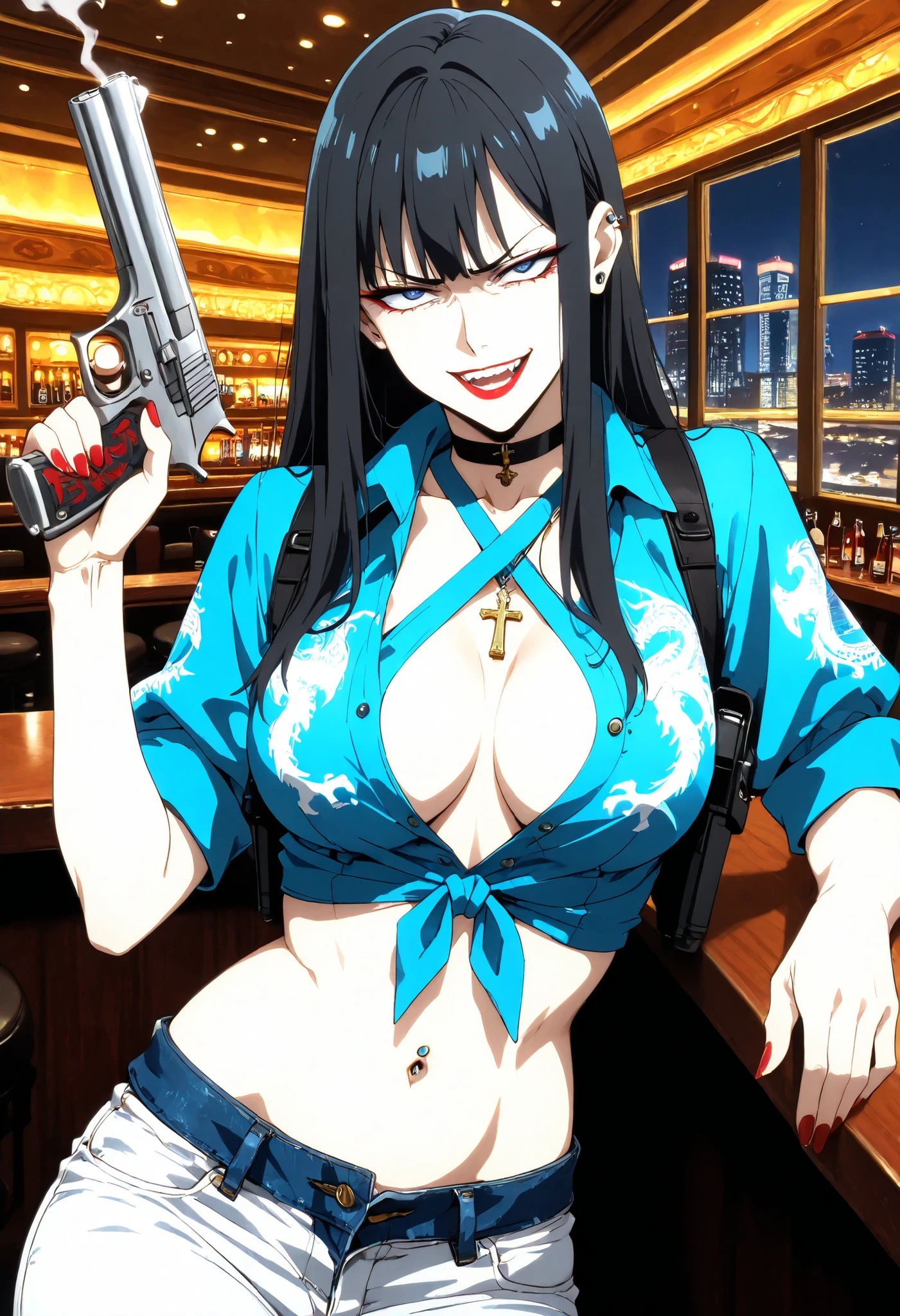 score_9,score_8_up,score_7_up,score_6_up, source_anime, woman, crawling,  , long hair, black hair, dark blue eyes, red lipstick, tired eyes, evil smile, angry eyes, , nail polish , , makeup , ear piercing , long hair , lipstick , Hot girl , baddie , smoking , sensual , attractive , choker , , cross necklace ,  , blue shirt, short sleeves, white pants, red lipstick, evil smile, angry eyes, path through the village, small japanese village, solo,nail polish , , makeup , ear piercing , long hair , lipstick , Hot girl , baddie , smoking , sensual , attractive , choker , cross necklace ,bar background, inside bar, indoors, cityscape, casino, nightclub, city lights,, pull_down jeans(show off panties,:1.2, no panties),masterpiece,high quality,4k,belly,,holding pistol,cleavage, tied shirt,,unbuttoned shirt, collared shirt, knot, smile, open mouth, () , evil expression,belly, exposed navel, exposed midriff, exposed lower belly,dragon print jacket, unbuttoned jeans , low rise black jeans, Low rise jeans with open fly, motorcycle jacket, criss-cross halter with center opening, shoulder holster, navel piercing ,medium large  ,,looking at viewer , dragon tattoo on waist, narrowed eyes, tattoo on waist, anipai_style , anime screencap , anime coloring, v-shape eyebrows,