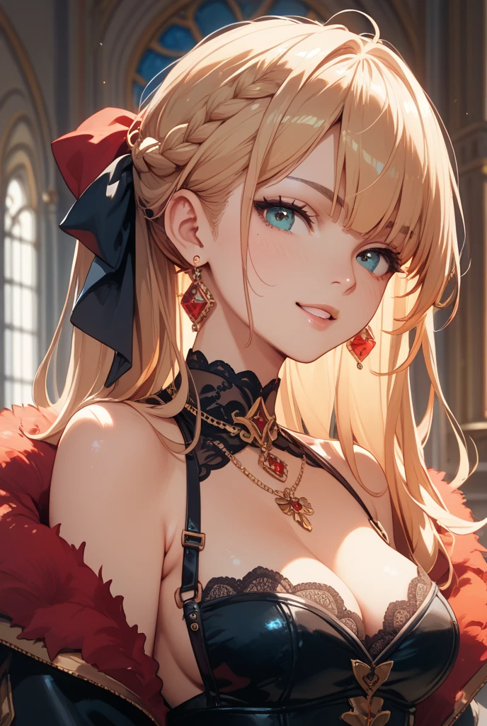 (realistic:1.4), (extremely intricate:1.2)>,1girl, (blonde parted hair), crown, ([red robe|baroque black dress]:1.3), [red_cape::10],white ([capelet:fur trim:0.4]:1.7) covered on ([fur cloak:queen cape:0.4]:1.5), forehead, sitting, red eyes, corset, bridal gauntlets, throne, updo, [slicked, crown_braid:0.1], [gloves, armor_dress, frilled skirt:0.4], solo, BREAK, <(exquisitely detailed skin:1.3), cinematic light, rim lighting, ultra high res, best shadow, delicate>,