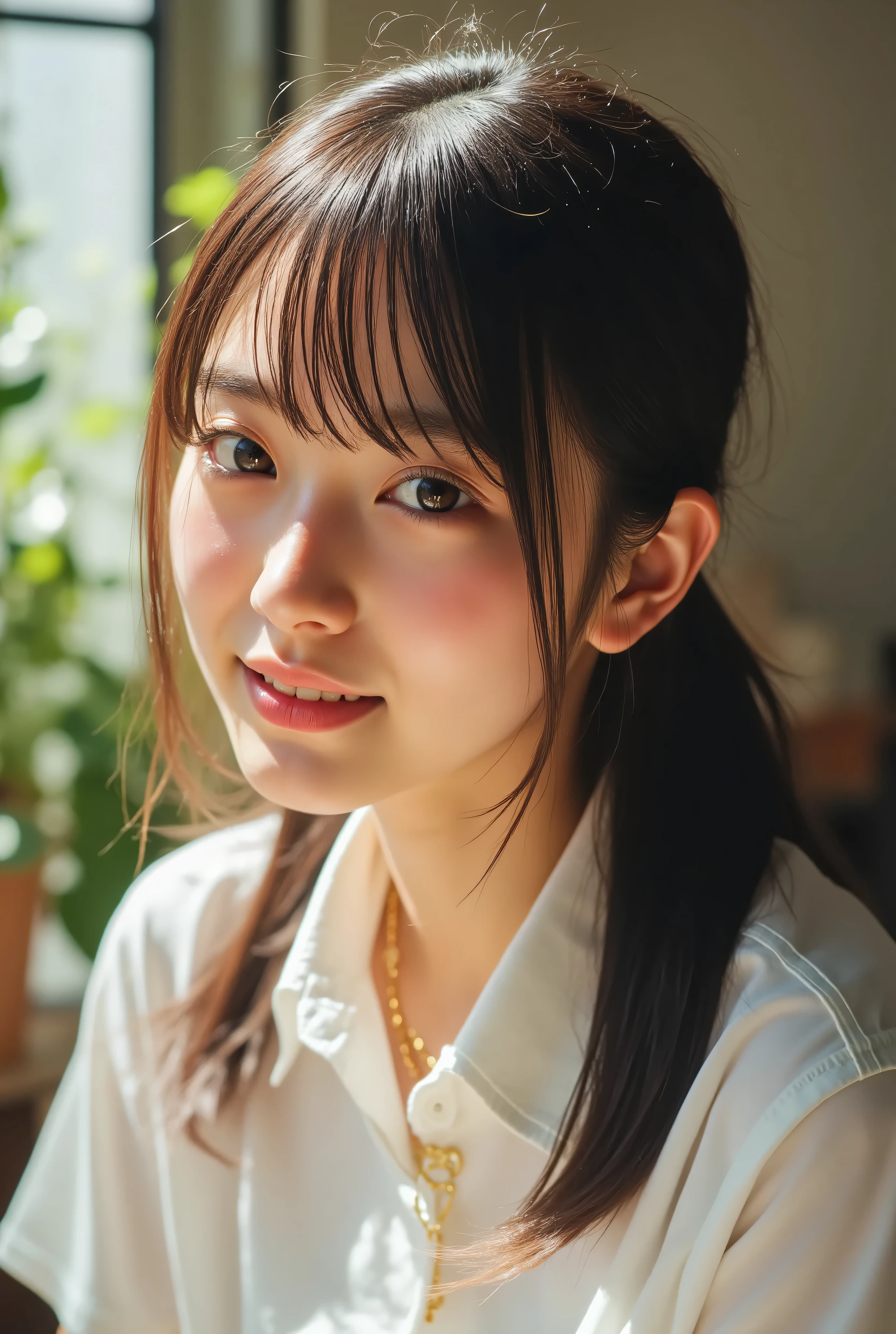 ((Photorealistic:1.5)), (masterpiece),(Highest Quality:1.5), ( bright professional lighting ), (visible), (absurd), ((An impressive head portrait of a pretty, medium-sized brown woman with brown eyes)), (20-year-old Japanese woman), (Refreshing Atmosphere), ((Profile picture of a cute smiling woman with slightly visible teeth)), (living room with gentle, beautiful light shining in), ((Beautiful brown hair swaying in the breeze covering her cheeks)), ((has bangs and is making a small scream:1.8)), ((don't show your hands)), (Photographing beautiful and cute moments), Realistic Skin, (real beautiful blue eyes), (Eye Catching Light), Realistic eyebrows, Real long eyelashes, charming and stylish gold necklace, (Color temperature 5000K)