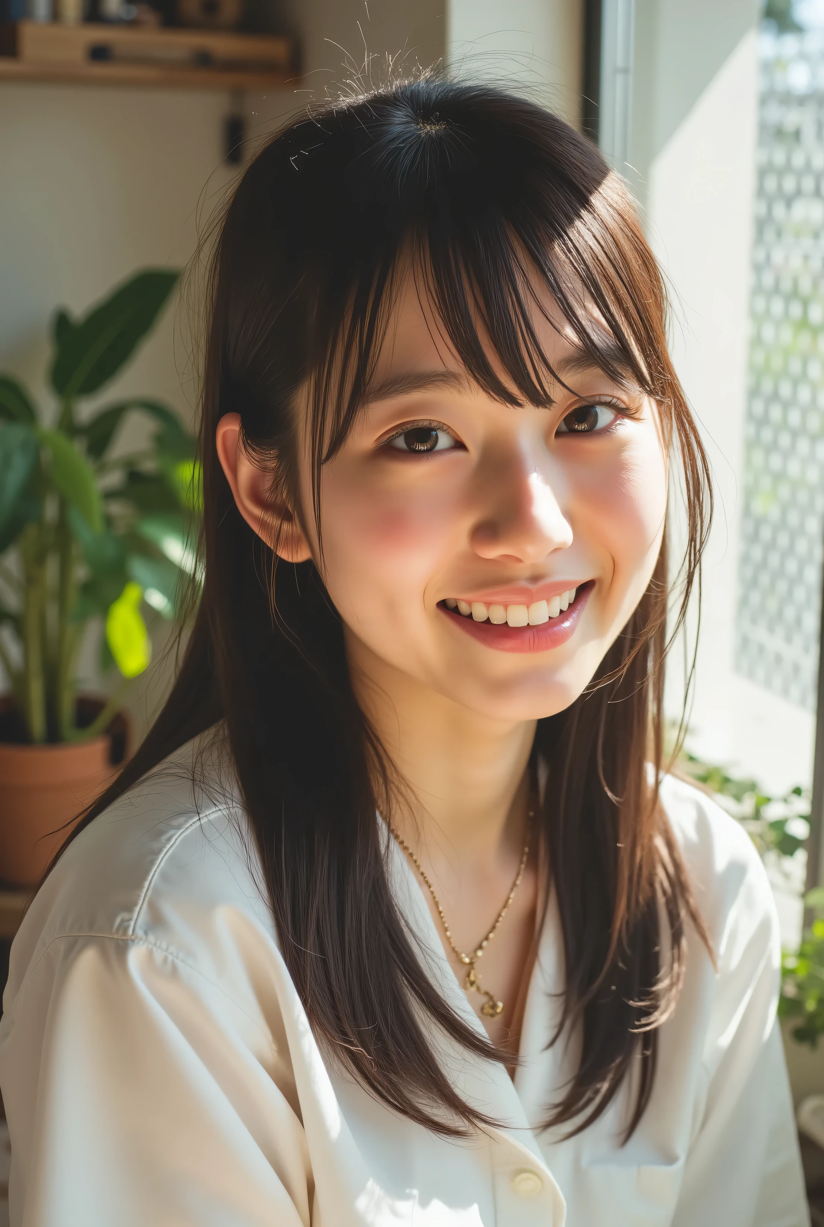 ((Photorealistic:1.5)), (masterpiece),(Highest Quality:1.5), ( bright professional lighting ), (visible), (absurd), ((An impressive head portrait of a pretty, medium-sized brown woman with brown eyes)), (20-year-old Japanese woman), (Refreshing Atmosphere), ((Profile picture of a cute smiling woman with slightly visible teeth)), (living room with gentle, beautiful light shining in), ((Beautiful brown hair swaying in the breeze covering her cheeks)), ((has bangs and is making a small scream:1.8)), ((don't show your hands)), (Photographing beautiful and cute moments), Realistic Skin, (real beautiful blue eyes), (Eye Catching Light), Realistic eyebrows, Real long eyelashes, charming and stylish gold necklace, (Color temperature 5000K)