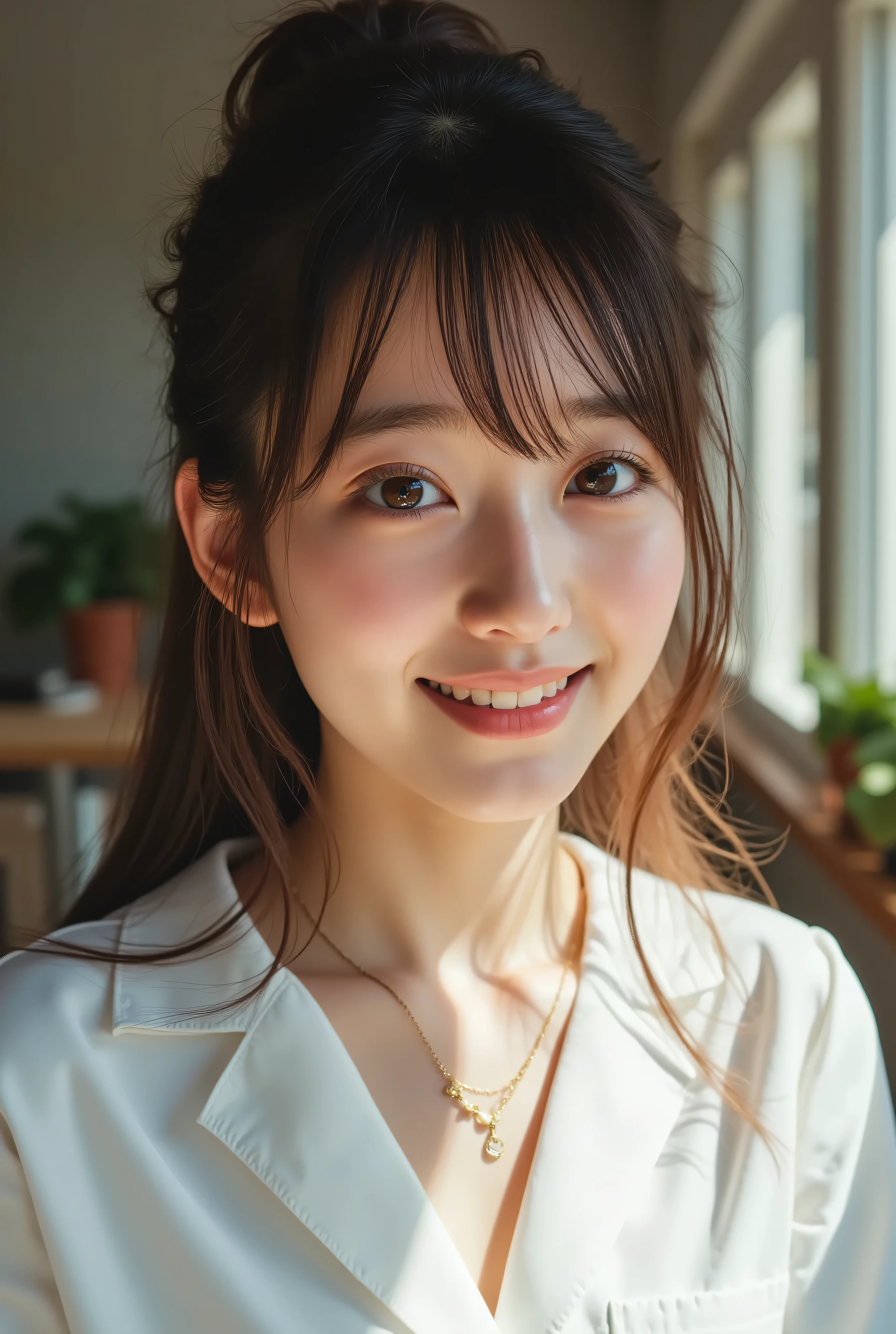 ((Photorealistic:1.5)), (masterpiece),(Highest Quality:1.5), ( bright professional lighting ), (visible), (absurd), ((An impressive head portrait of a pretty, medium-sized brown woman with brown eyes)), (20-year-old Japanese woman), (Refreshing Atmosphere), ((Profile picture of a cute smiling woman with slightly visible teeth)), (living room with gentle, beautiful light shining in), ((Beautiful brown hair swaying in the breeze covering her cheeks)), ((has bangs and is making a small scream:1.8)), ((don't show your hands)), (Photographing beautiful and cute moments), Realistic Skin, (real beautiful blue eyes), (Eye Catching Light), Realistic eyebrows, Real long eyelashes, charming and stylish gold necklace, (Color temperature 5000K)