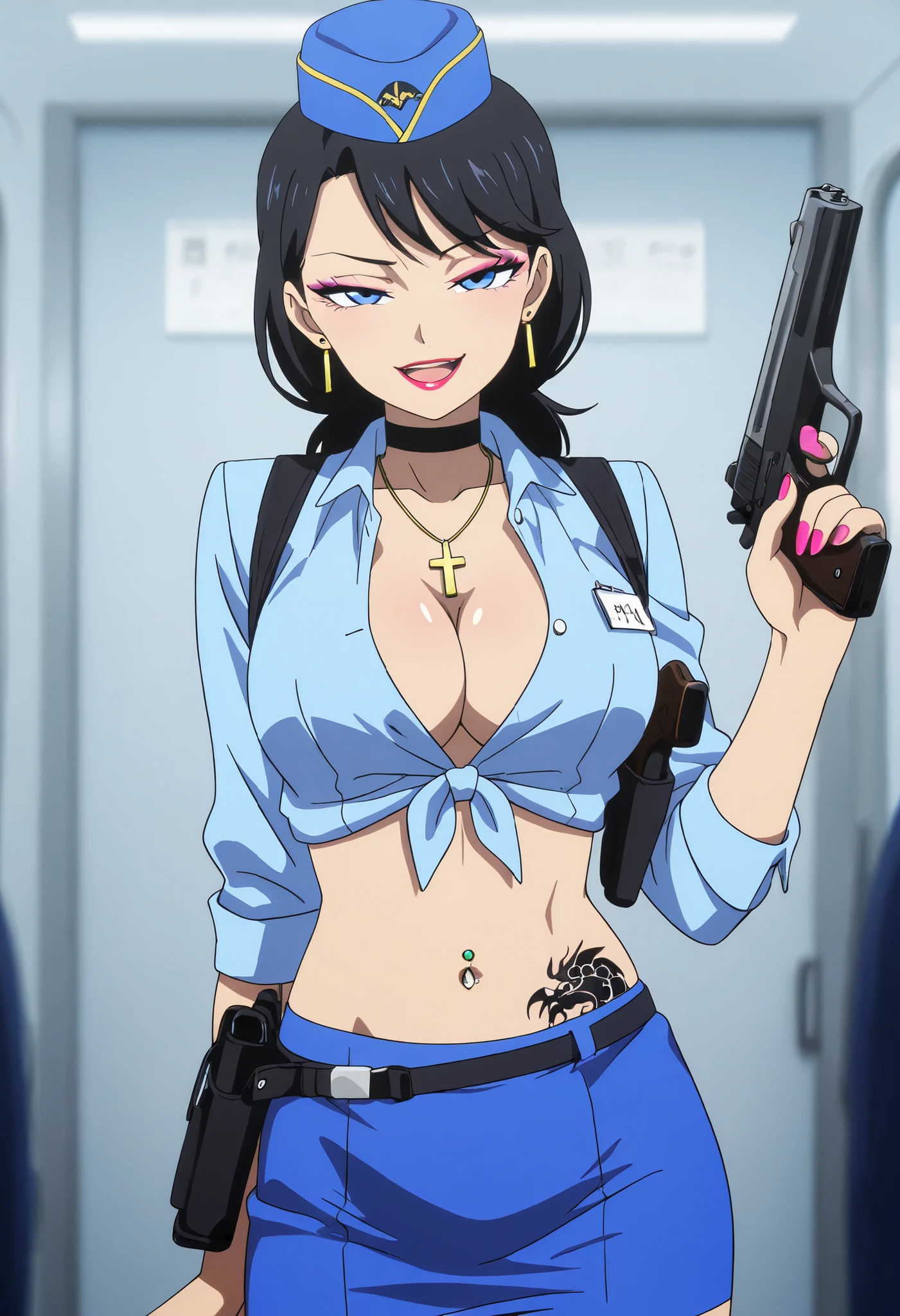 masterpiece, best quality, amazing quality, girl, depth of field, ,  short hair, black hair, blue eyes, loop earrings, stewardess, blue shirt, blue skirt, travel attendant, red neckerchief, travel attendant hat, solo,  smile,nail polish , , makeup , ear piercing , , lipstick , Hot girl , baddie , smoking , sensual , attractive , choker ,  cross necklace , stewardess, blue shirt, blue skirt, travel attendant, red neckerchief, tied shirt, knot, masterpiece, best quality, highly detailed,breasts,skirt,cleavage,long hair, unbuttoned shirt, collared shirt, knot,skirt suit,suit,formal,jewelry,necklace,micro pencil skirt,jacket,smile,makeup,looking at viewer,business suit, lipstick,office lady,mature female,micro miniskirt,indoor, ,smile, open mouth, () , holding a gun, evil expression, exposed belly, exposed navel, exposed midriff, exposed lower belly , holding pistol, lipstick, navel piercing, shoulder holster,, medium large breast,,looking at viewer , dragon tattoo on waist, narrowed eyes, tattoo on waist, anipai_style , anime screencap , anime coloring, v-shape eyebrows,