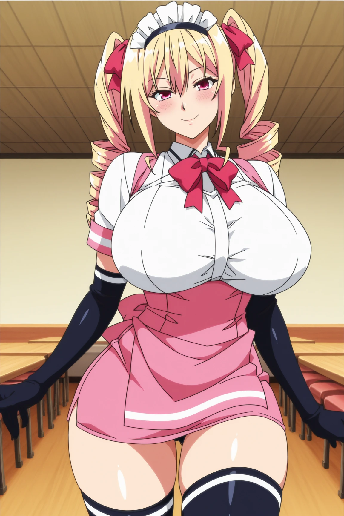 masterpiece, best quality, absurdres, illustration, perfect shadows,perfect lighting,hdr, cowboy shot, blonde_hair, bow, breasts, brown_eyes, elbow_gloves, gloves, hand_on_hip, huge_breasts, maid_headdress, panties, pantyshot, solo, thighhighs, thighs, tray, twintails, underwear, waitress, white_panties,pink_skirt,pink_apron,Pink_bow,blue_gloves(large breasts,hourglass body, thin waist,very slim waist)extremely detailed face,detailed eye makeup, detail face, nice detailed eyes,nice hands, perfect hands <lora:LoRA_testNatsuki:.60><lora:PerfectFullBreasts-fCV3:.40><lora:beautifulDetailedEyes_v10:0.50> (realistic pupils,realistic iris:1) heavy eye makeup<lora:add_detail:.50> <lyco:GoodHands-beta2:.90>defined body features,,squatting,squat,stretched( spread legs:1.2), arm support,