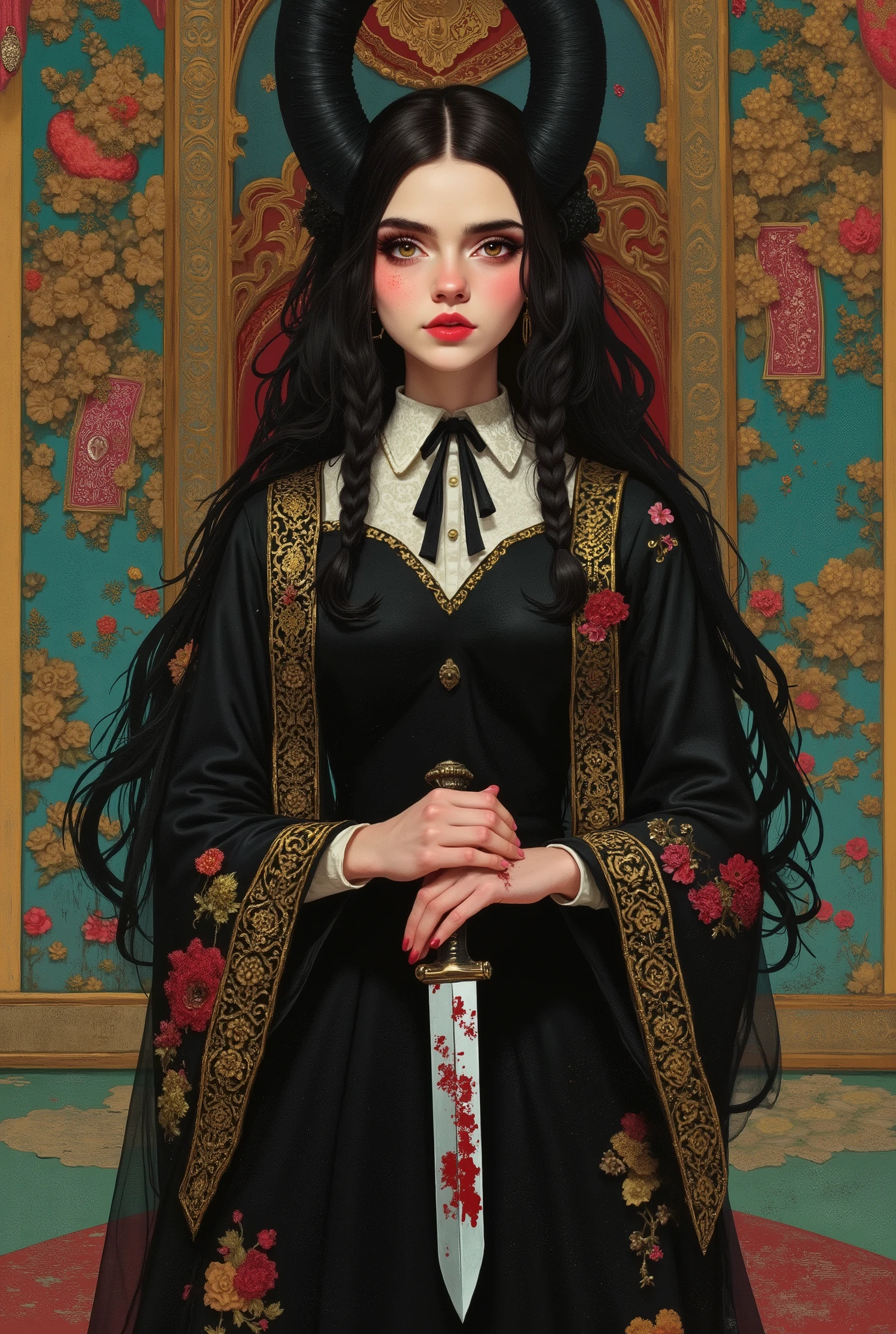 woman princess holding a bloody knife, palace of king, traitor princess, realistic photo