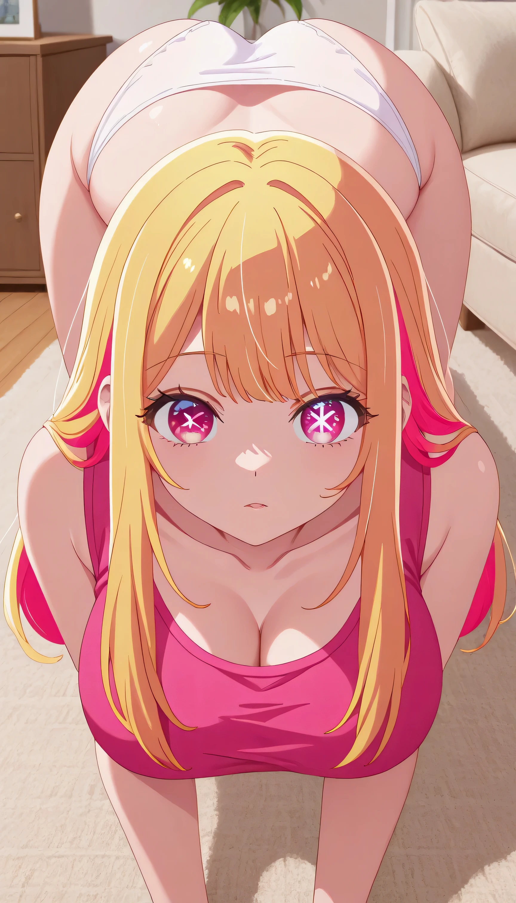 1girl, large breasts, living room, on all fours, ass up, ruby hoshino, long hair, bangs, blonde hair, pink eyes, sidelocks, symbol-shaped pupils, multicolored hair, two-tone hair, pink crop top, white panties, front facing, facing viewer, looking at viewer